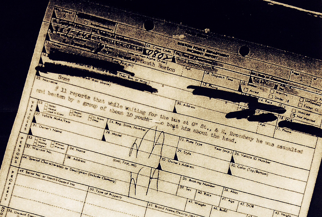 A Boston police report was logged on the assault against South Boston High teacher Orlando Bagwell by a group of white youths on East Broadway, shortly after the first-year teacher left school for the day on Nov. 4, 1974.