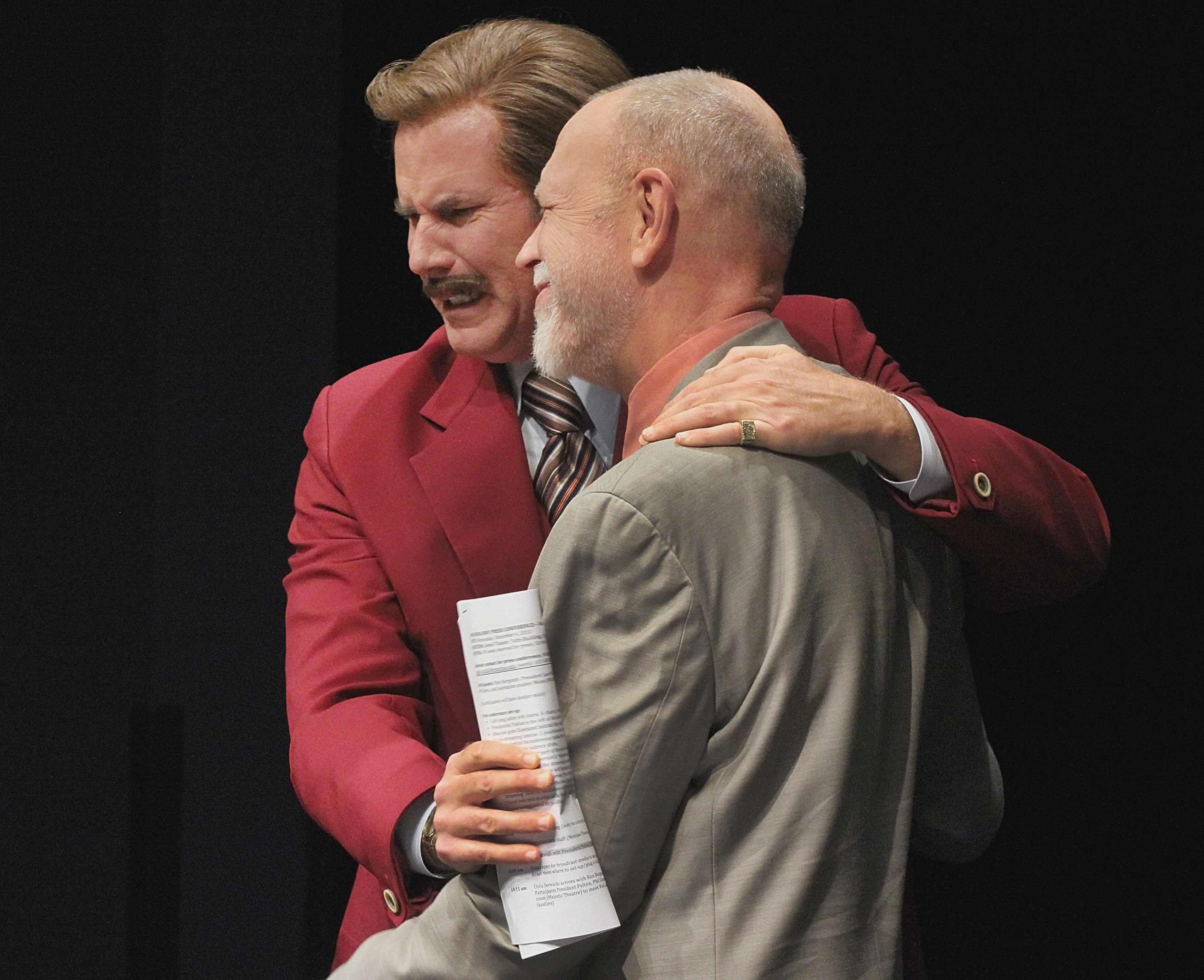 Ferrell hugged Phil Glenn, interim dean of Emerson’s School of Communication.