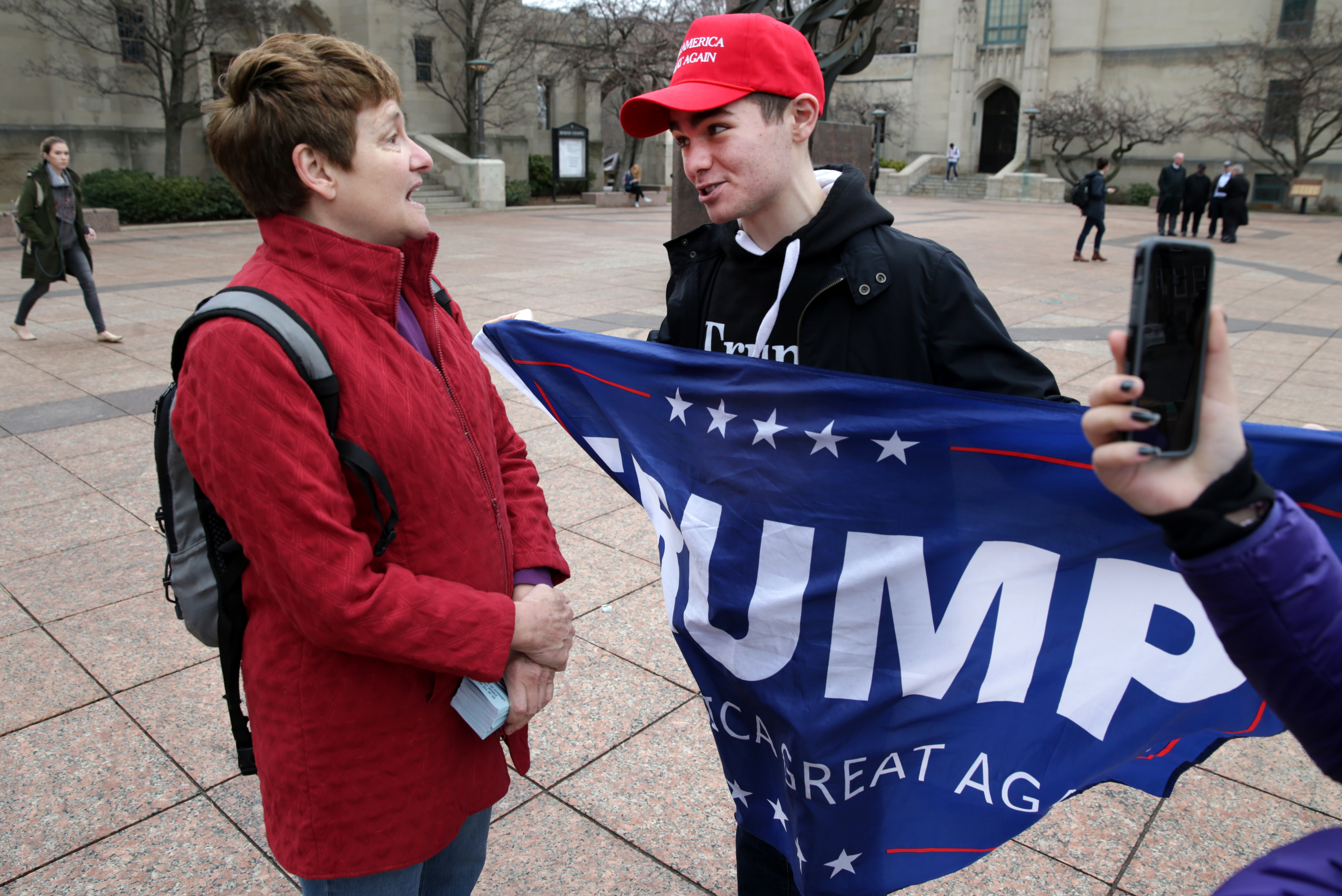 Linda Jenkins (left) spoke with BU student Nick Fuentes in early March.