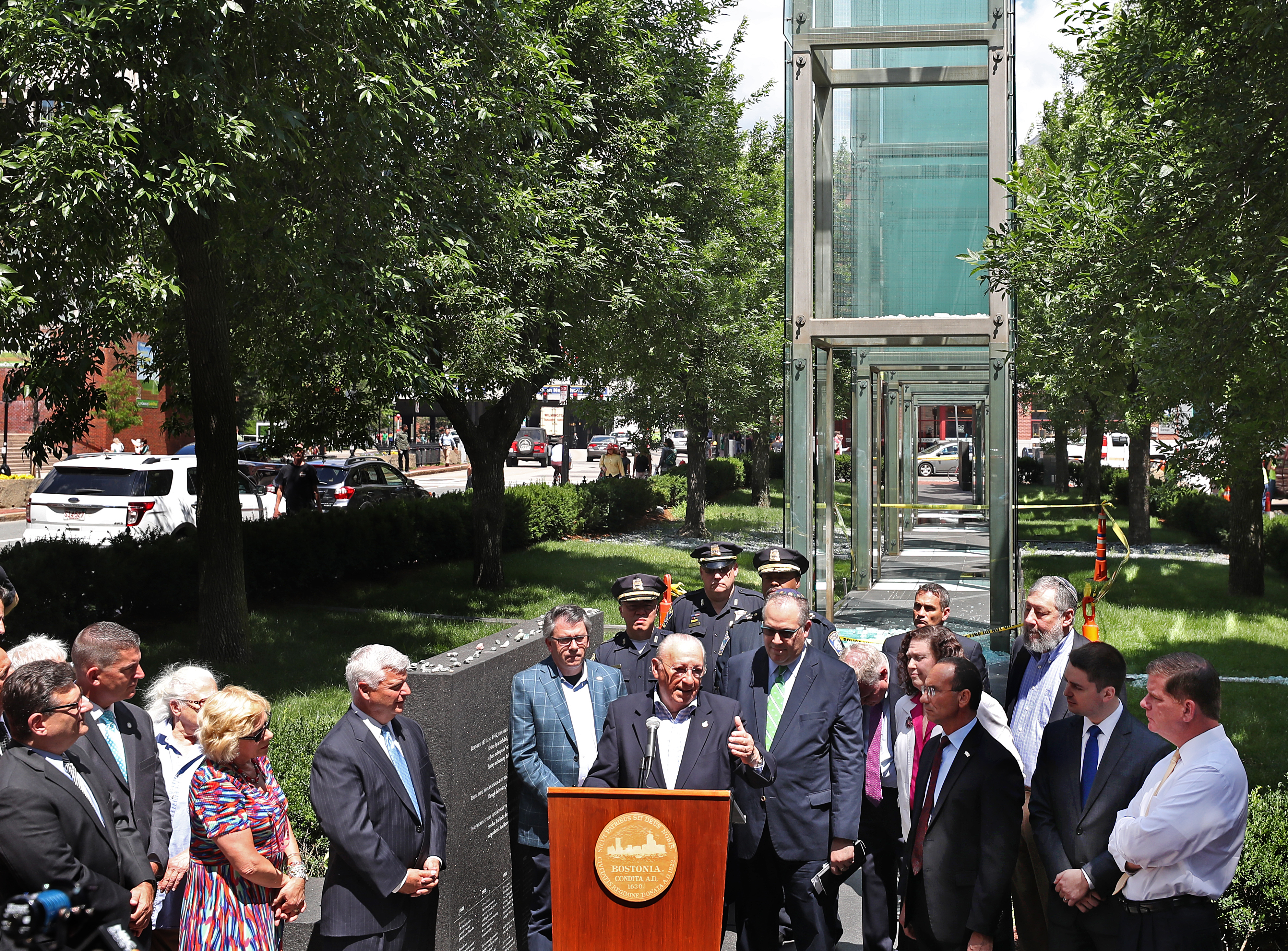 Israel Arbeiter, president of The American Association of Jewish Holocaust Survivors of Greater Boston, spoke at a press conference.