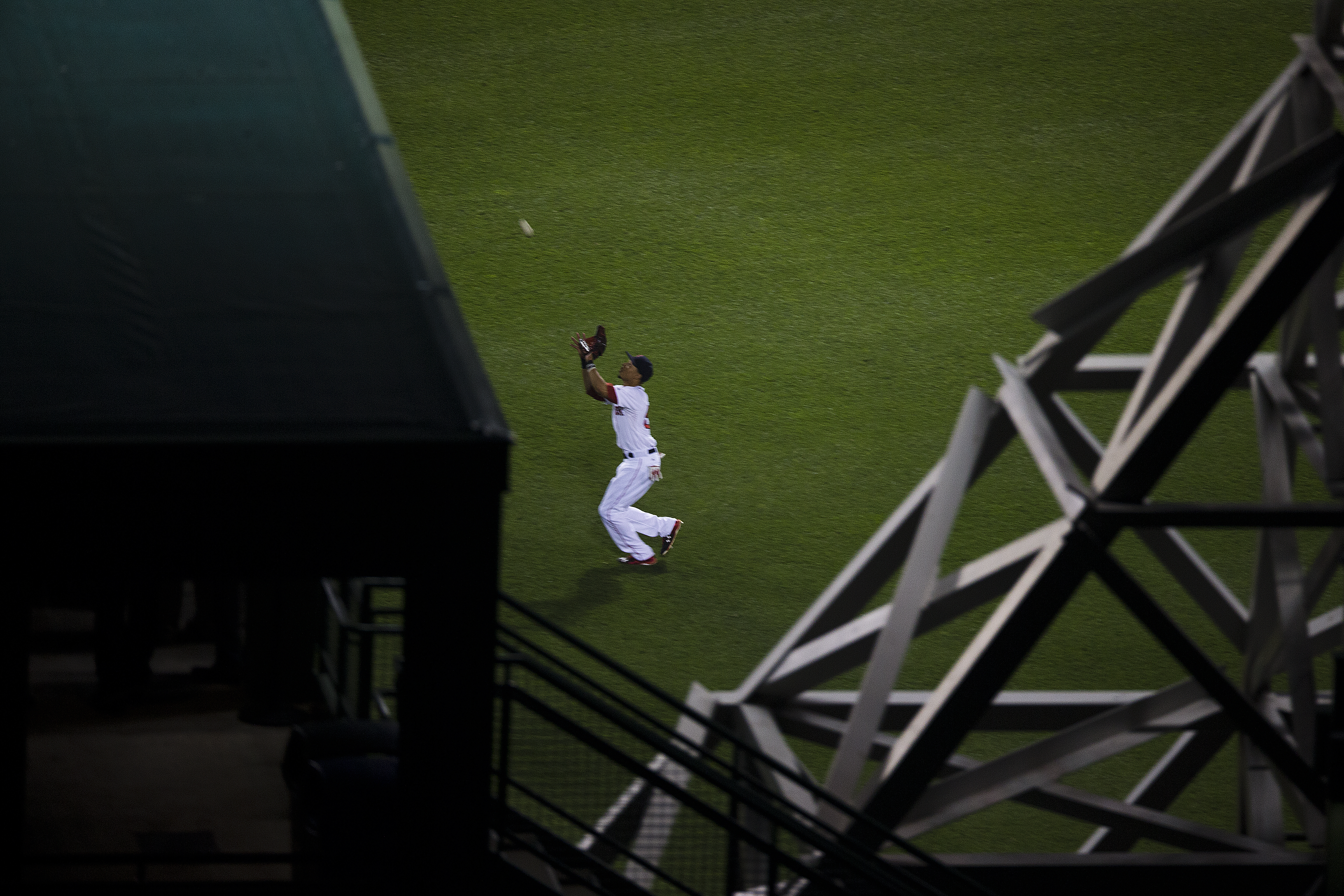From the Sky Deck, center fielder Mookie Betts can be seen catching a fly ball.