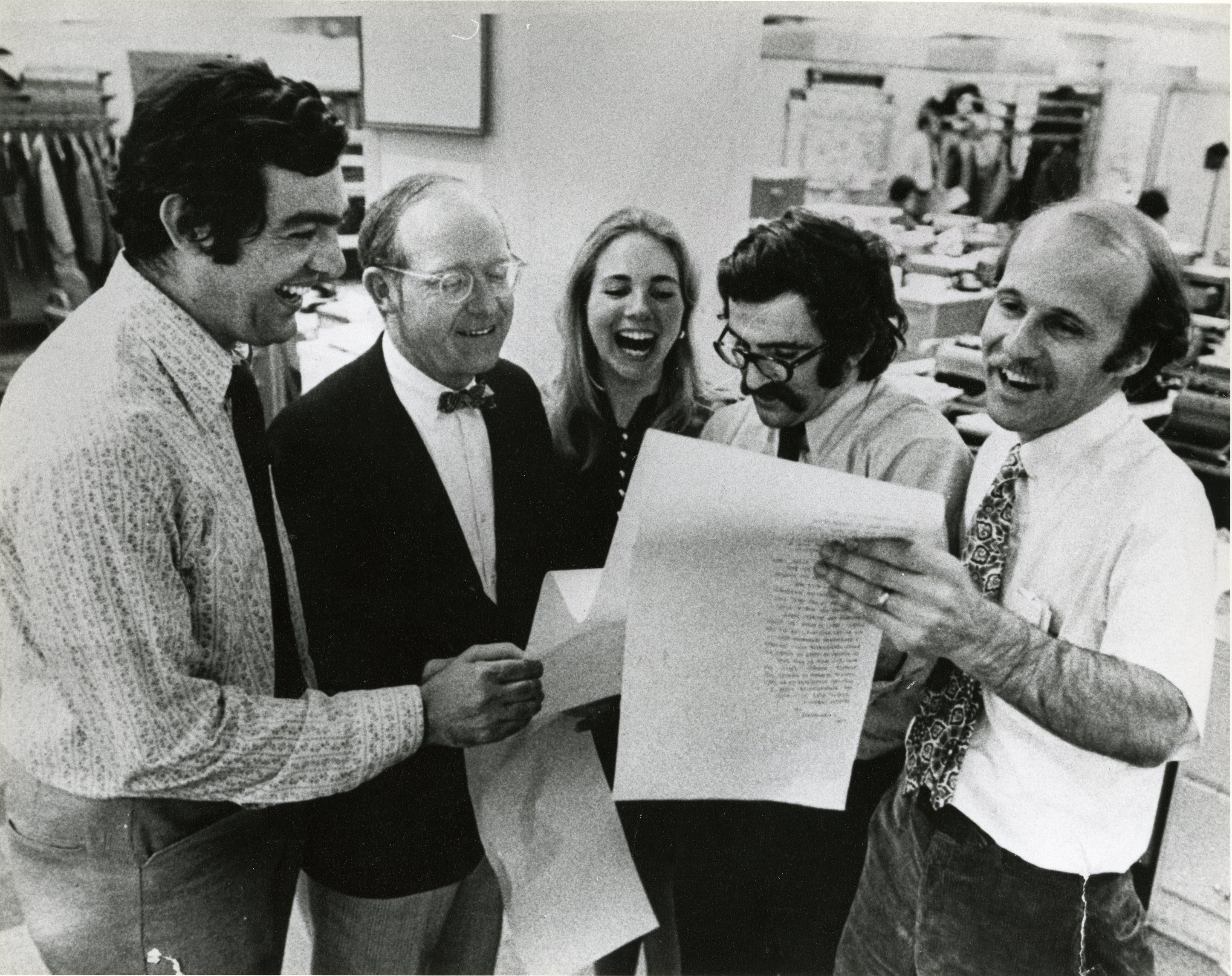 From left: Gerard M. O'Neill, Thomas Winship, Ann Desantis, Stephen A. Kurkjian and Timothy Leland celebrated after receiving word that they won the 1972 Pulitzer Prize for their exposure of widespread corruption in Somerville.