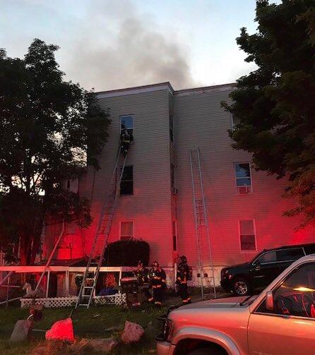 A ladder was used to rescue a mother and her child from the third floor.