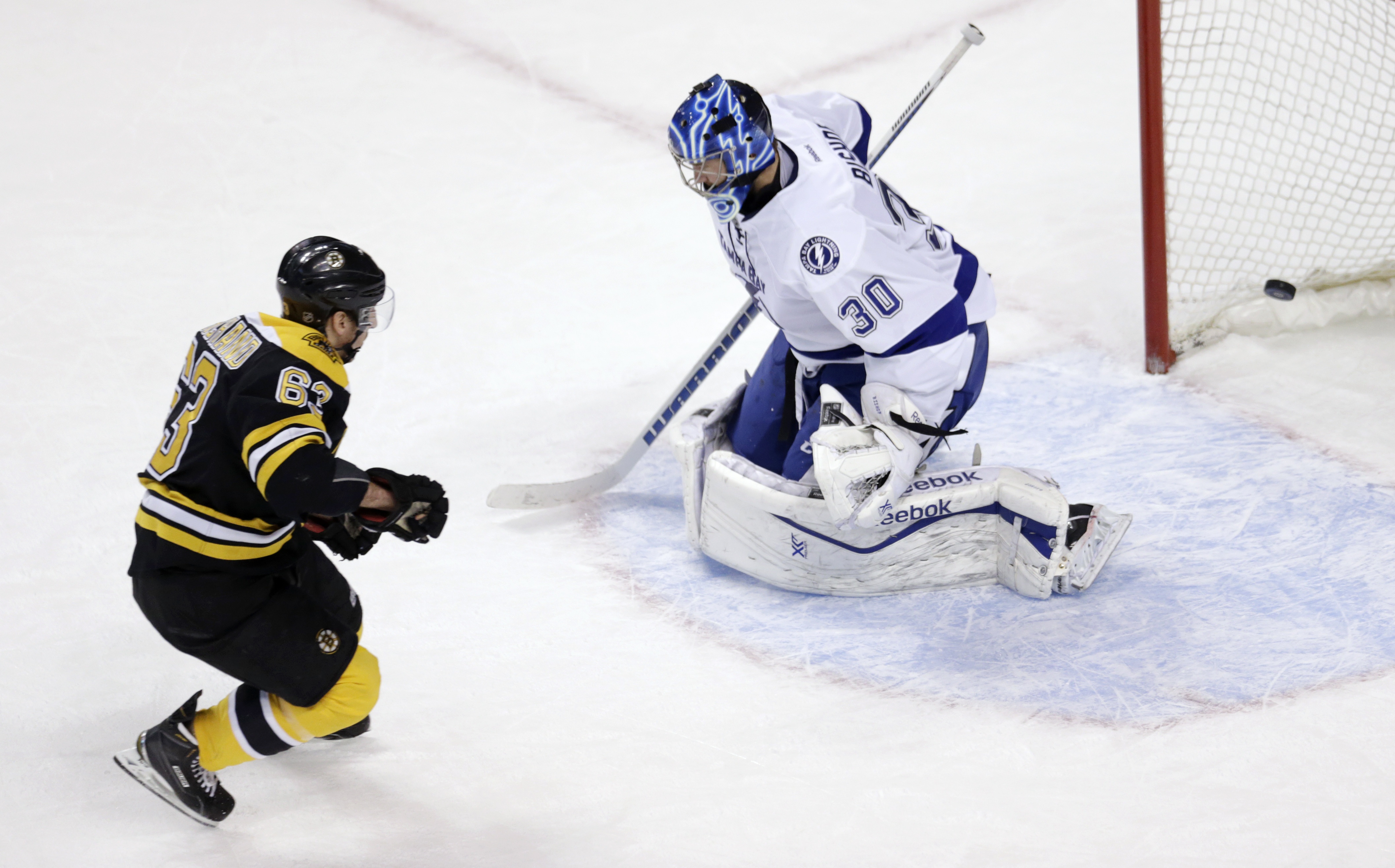 Brad Marchand beat Lightning goalie Ben Bishop for the game-winner in a shootout March 12.