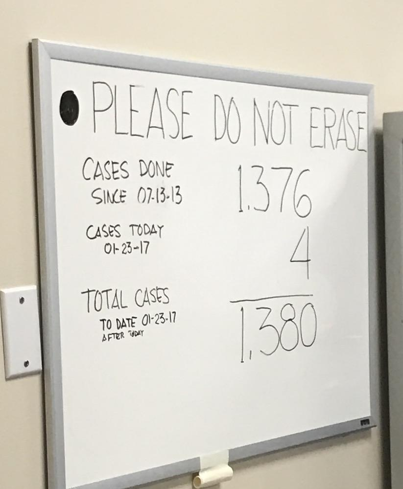 Dr. David Samadi zealously kept track of his robotic surgeries on a whiteboard.