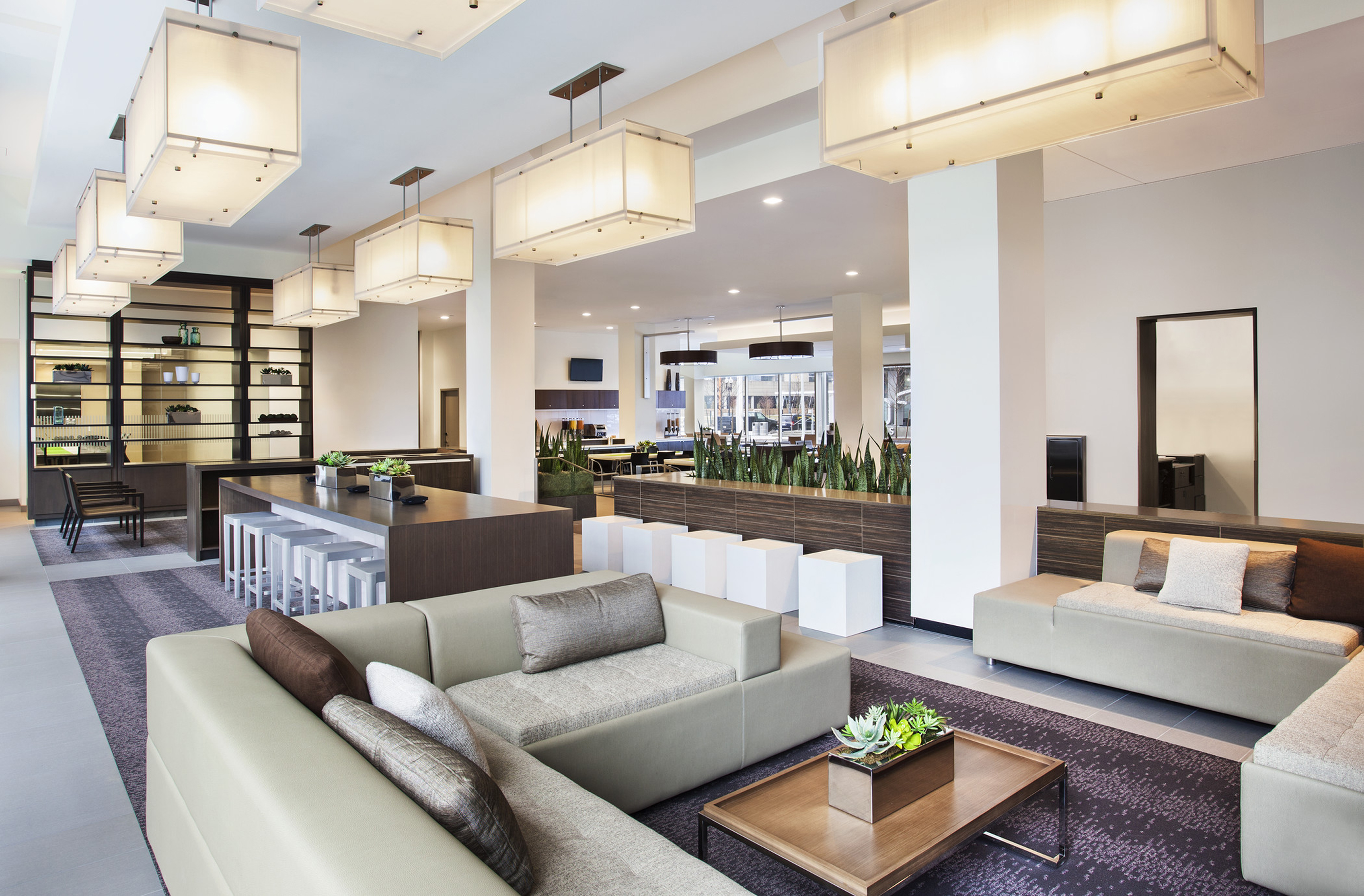 The lobby at the Element Boston Seaport is a bright, inviting communal space.
