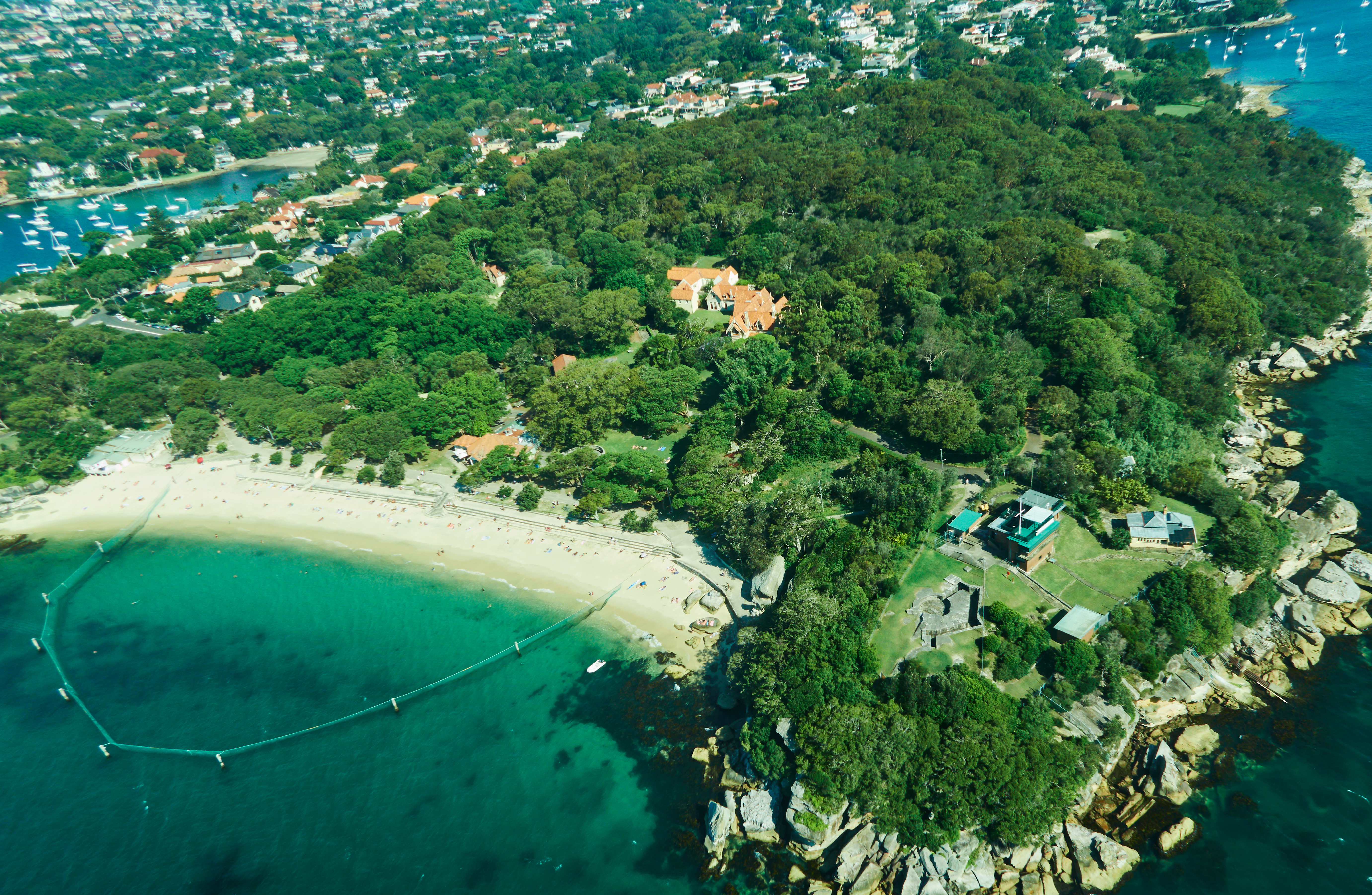A view of a beach with shark nets in Sydney, Australia.
