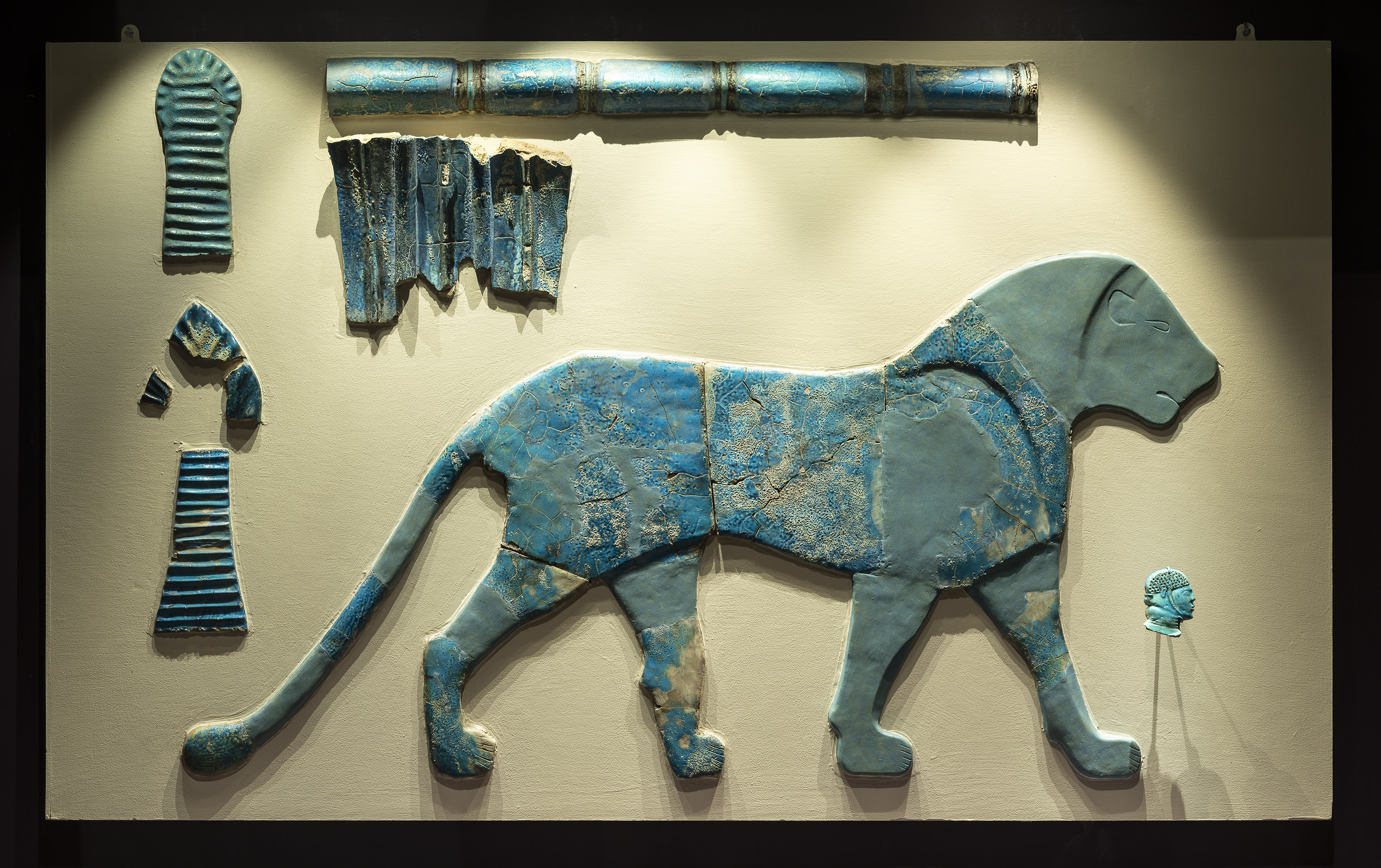 A wall inlay of a lion found at Kerma, a major Nubian site in Sudan, dating to between 1700-1550 BC. The color can be attributed to faience, a copper-ceramic treatment that turns blue when fired.