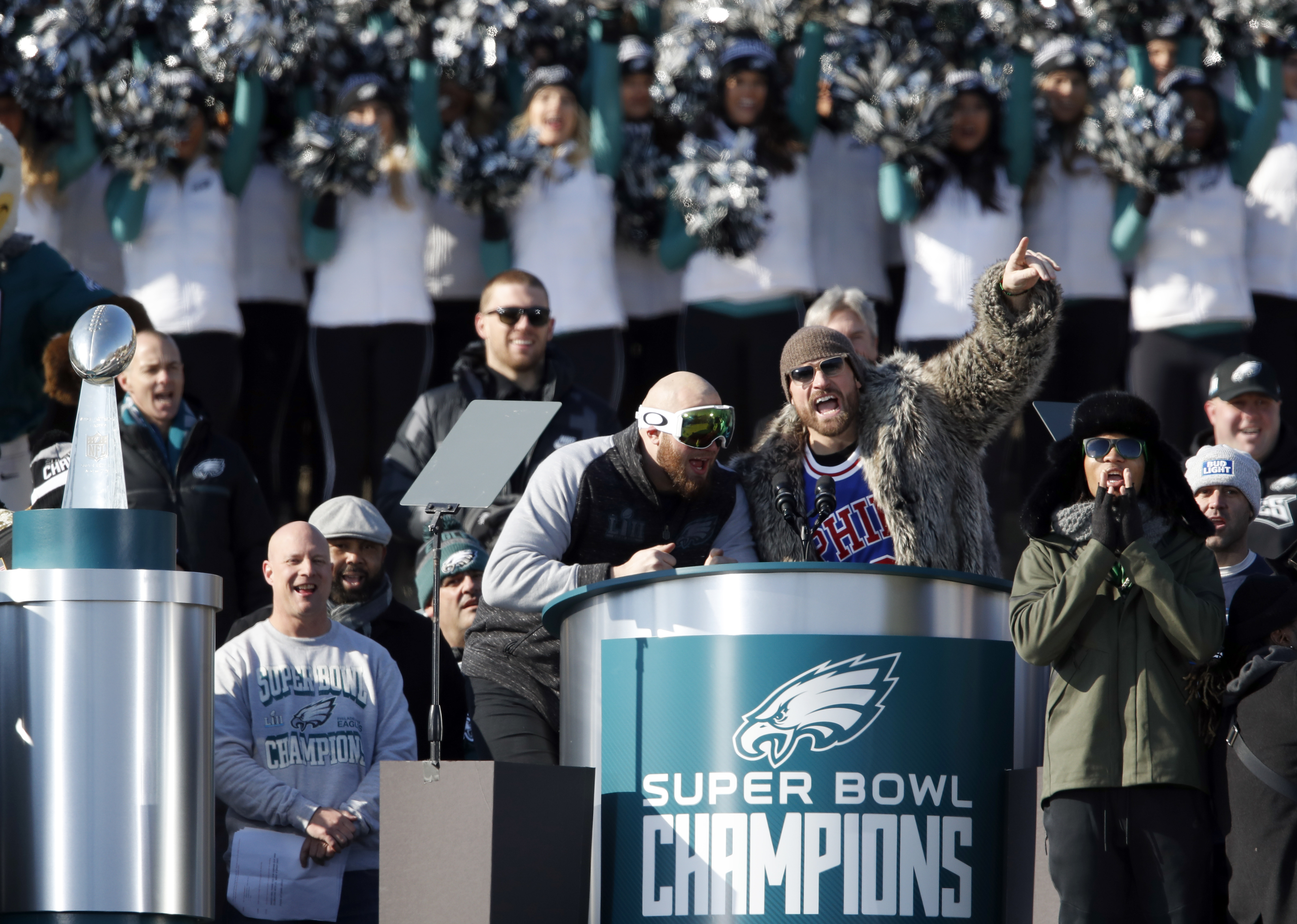 Eagles offensive tackle Lane Johnson (left) would have been better off consulting with teammate Chris Long (right) about the Patriots Way before he threw shade on it during Philadelphia’s Super Bowl victory celebration.