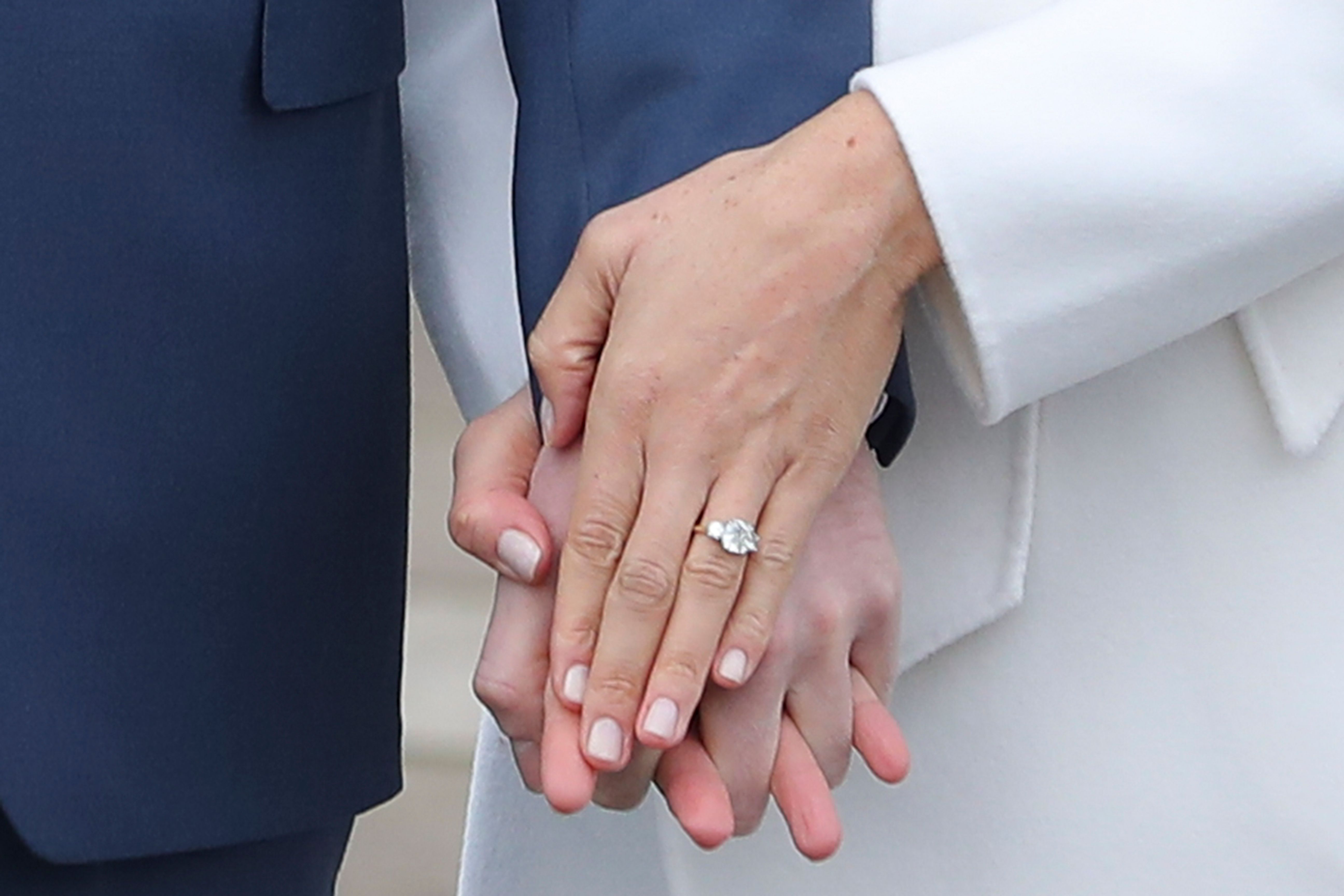 Close up of Meghan Markle’s engagement ring.