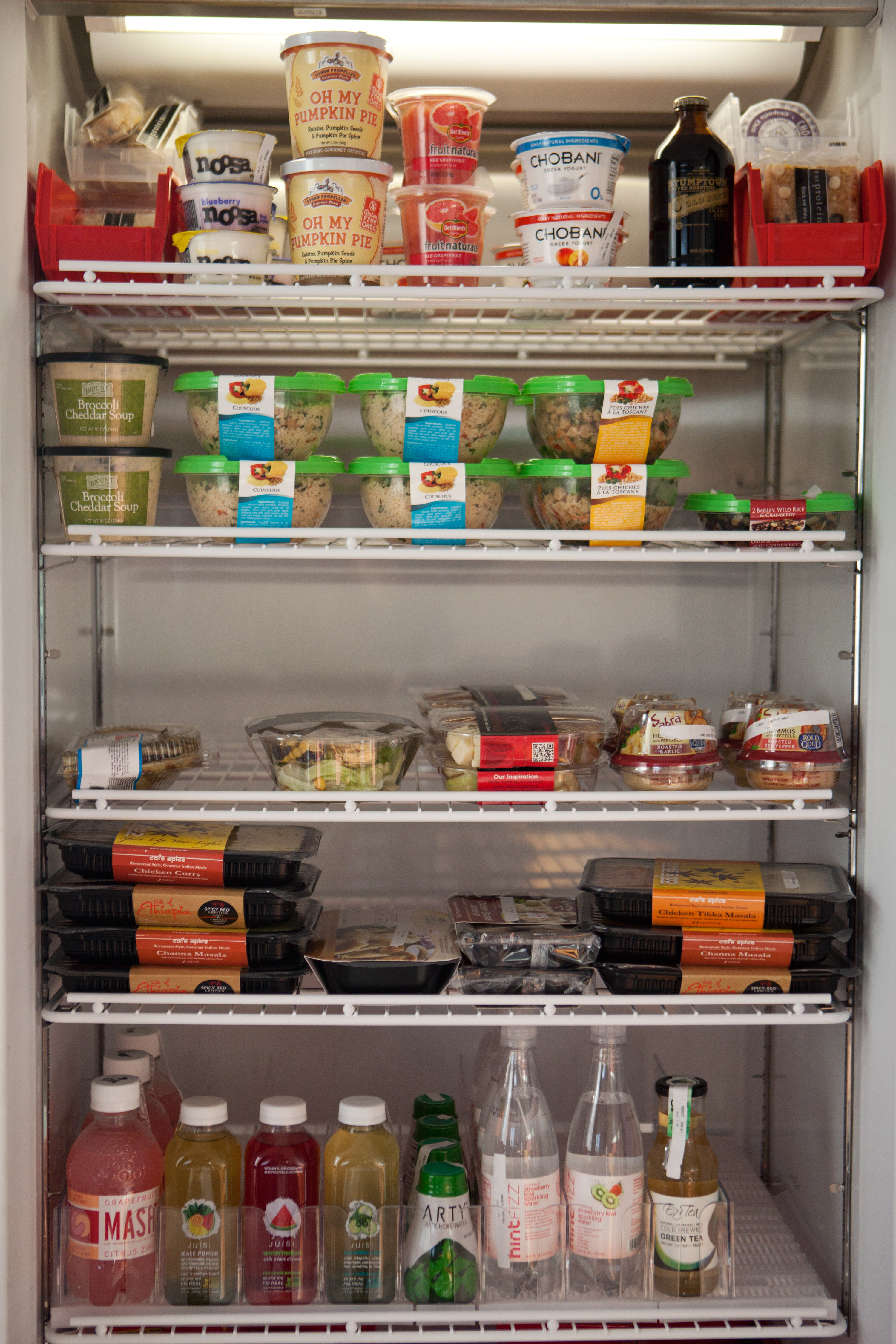 Some of the items in stock in the refrigerated kiosk at the Baystate Wealth Management office.