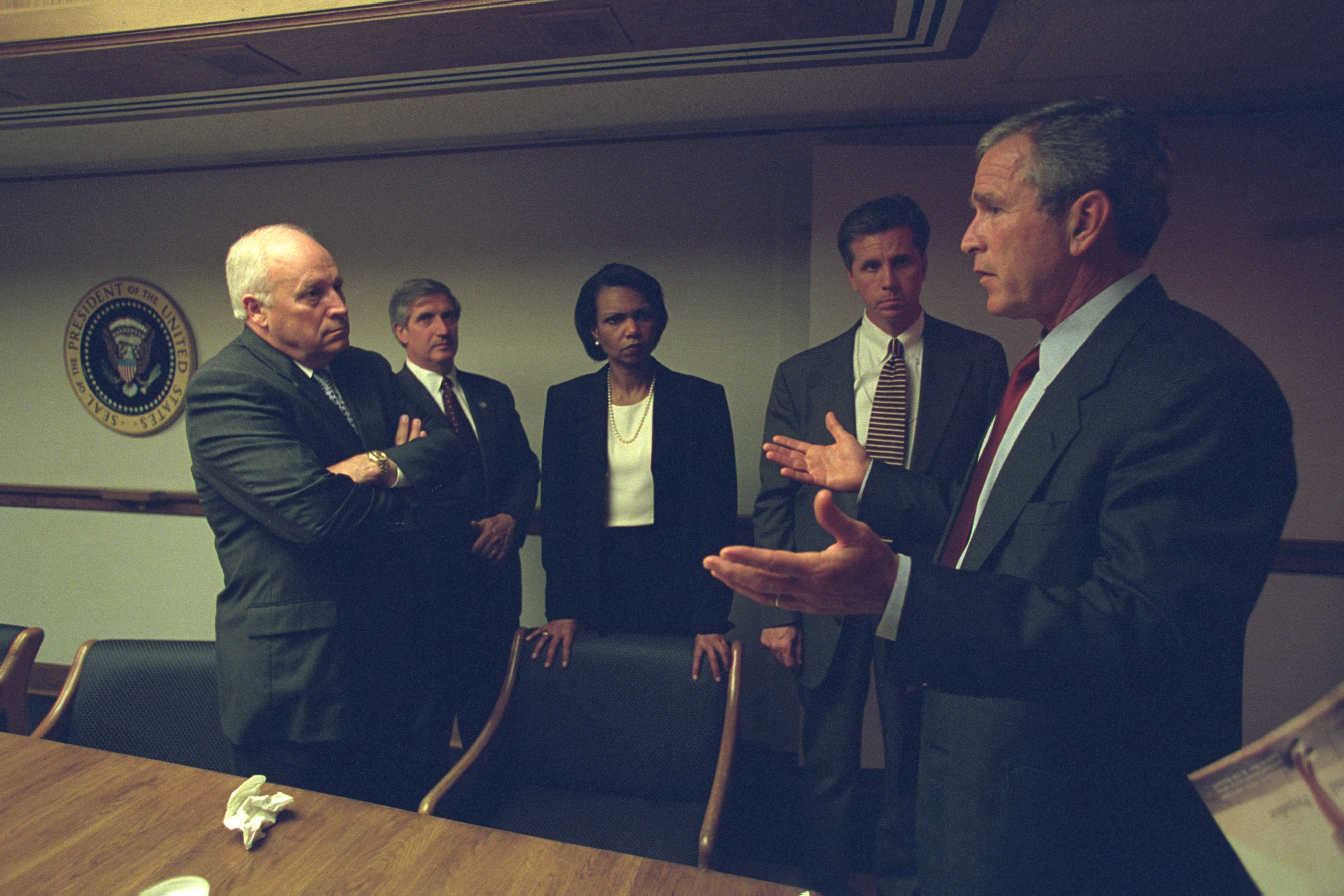 Bush with Cheney, Rice, and senior staff.