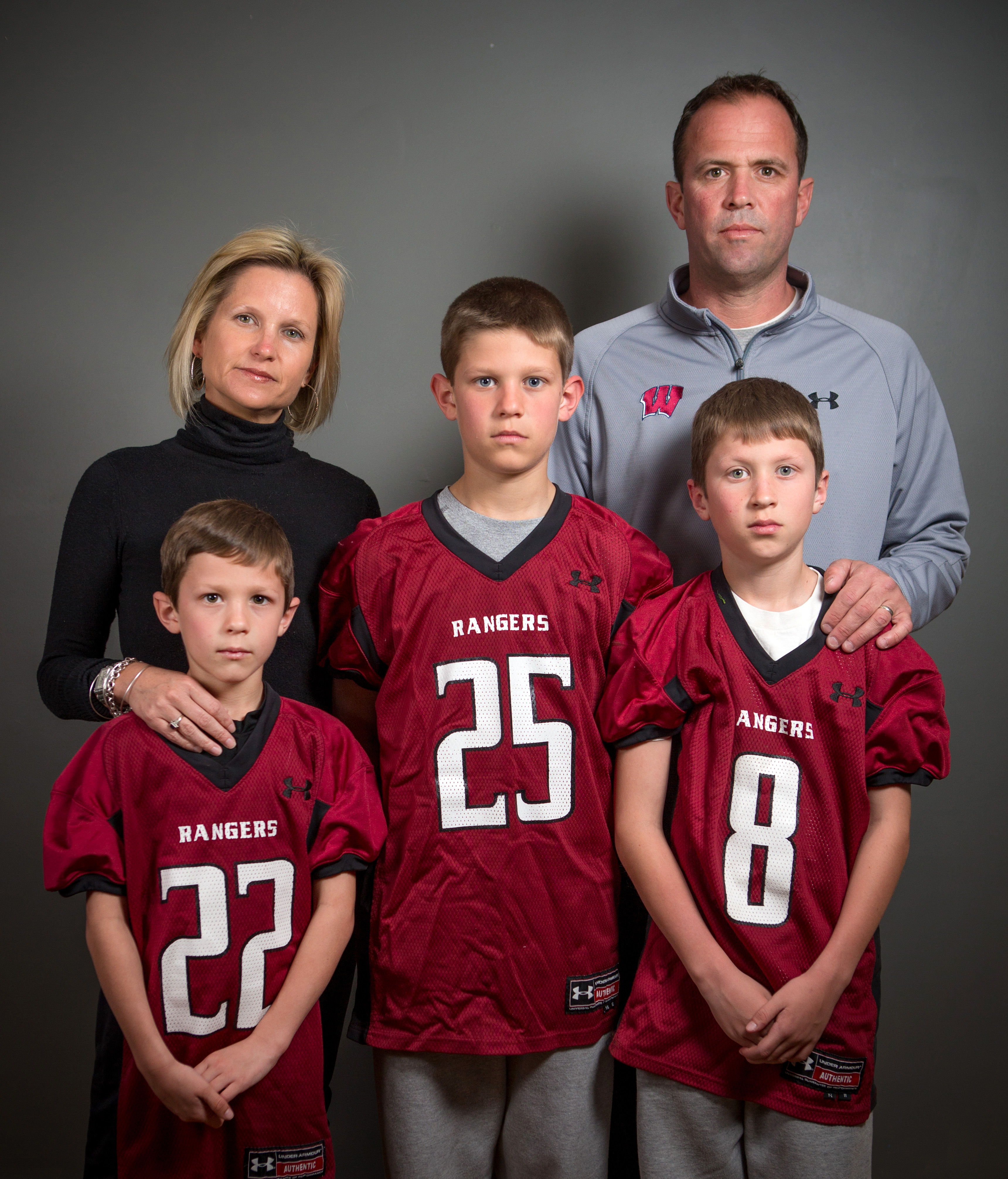 The Good family boys – Jackie, 8, Zack, 12, and Luke, 10 – all play football for the Westborough Rangers, coached by dad Jack and cheered by mom Dede.