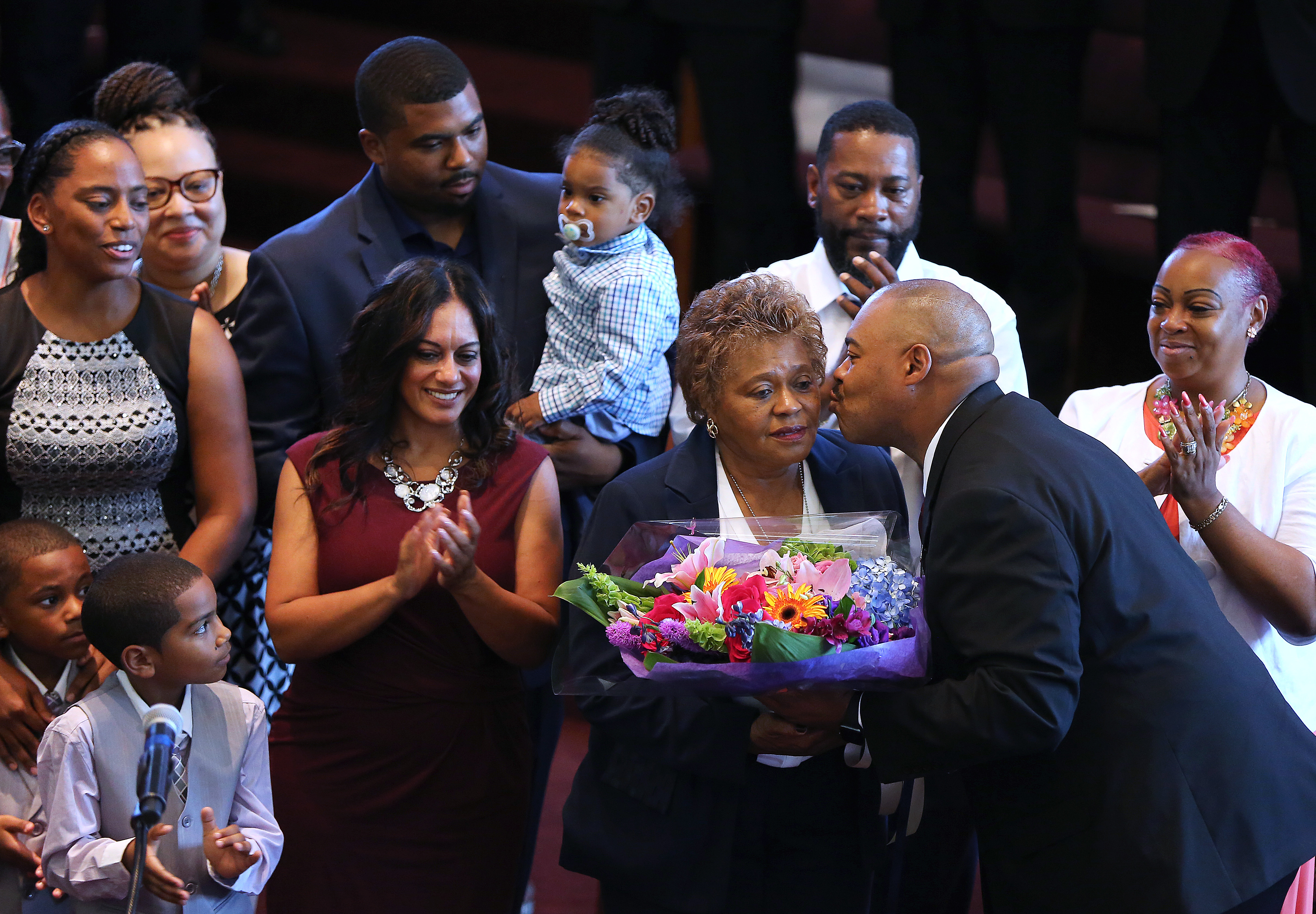 Gross kissed his mother, Deanna, during the ceremony. “Mom,’’ he said, “it all came from you and God.”