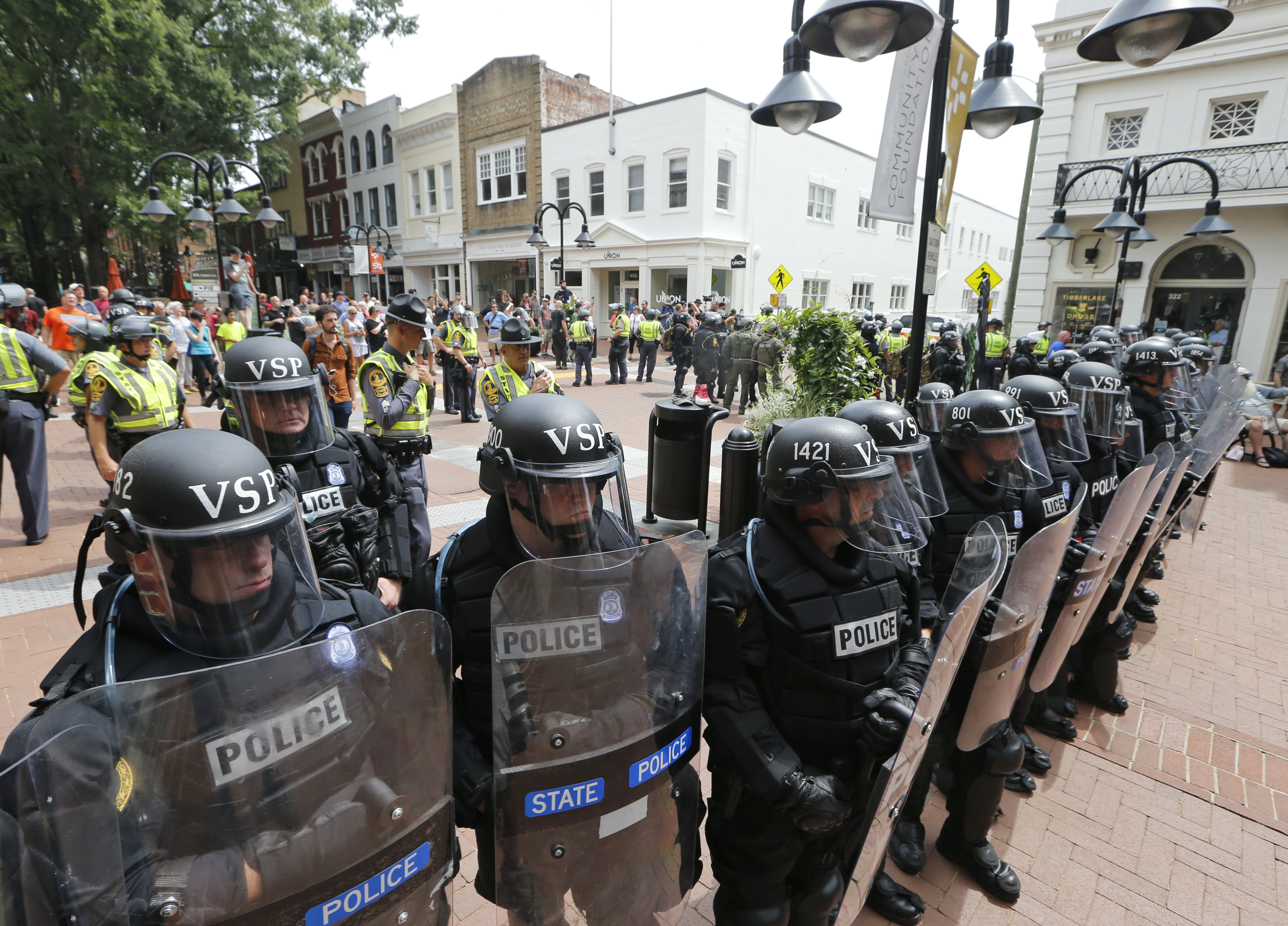 Virginia State Police cordoned off an area around the site where a car ran into a group of protesters after a white nationalist rally in Charlottesville.