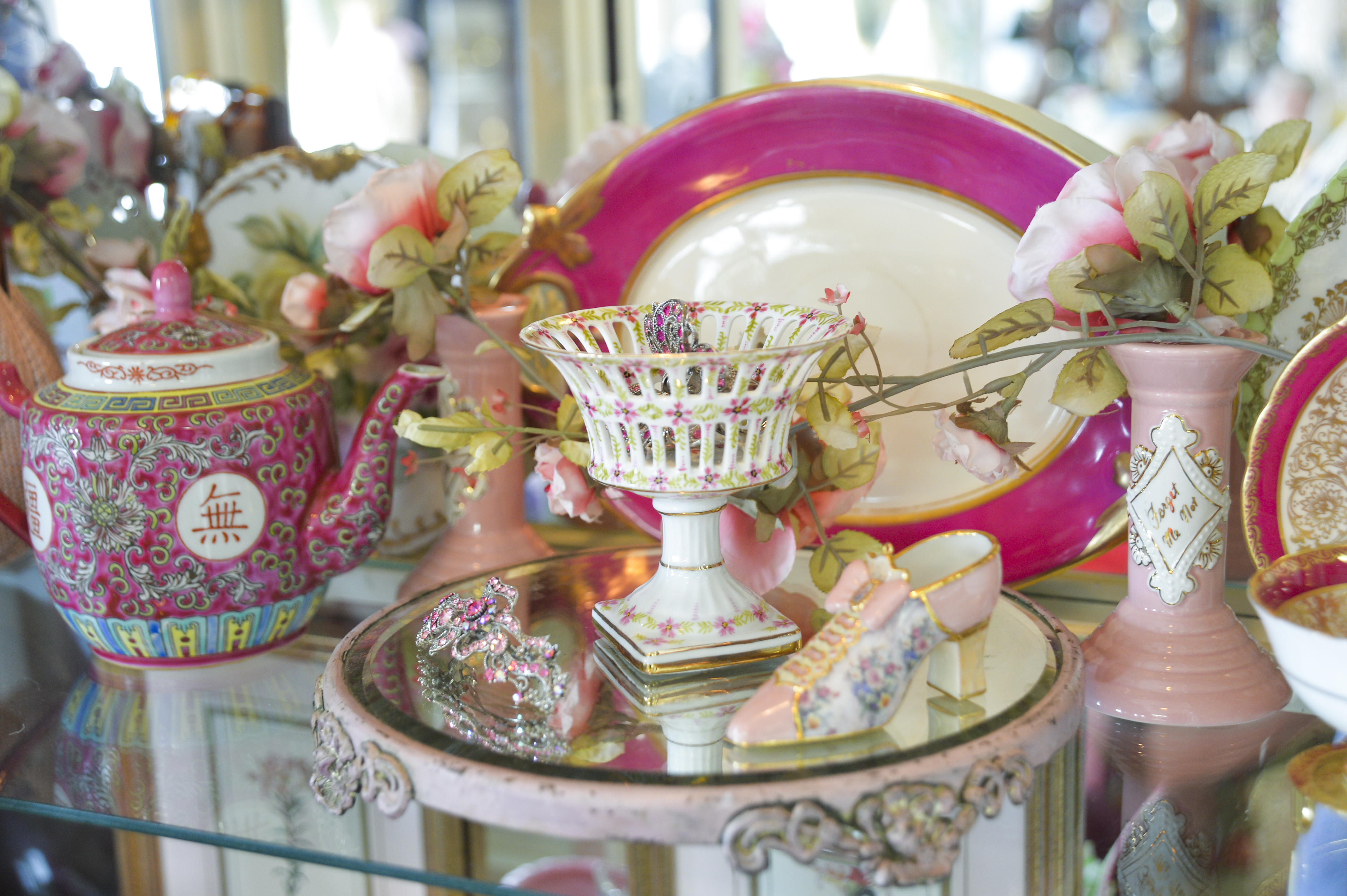 Displays of teapots and china surround the room at Suzanne's Victorian Tea Room & Shoppe.