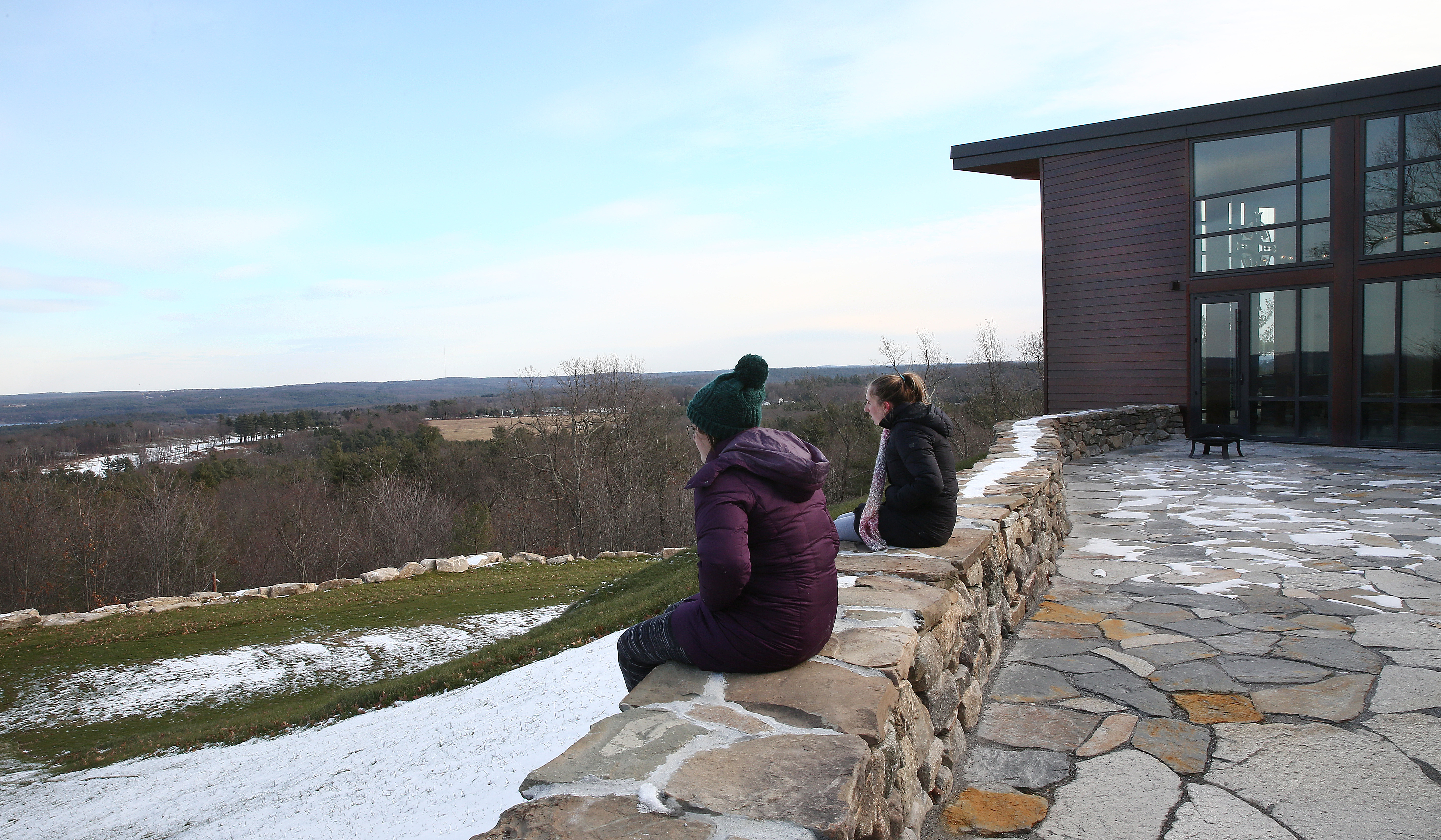 Virginia Peck-Phillips (right) and Sarah Gullong took in the scenery until the cold ushered them back to the retreat.