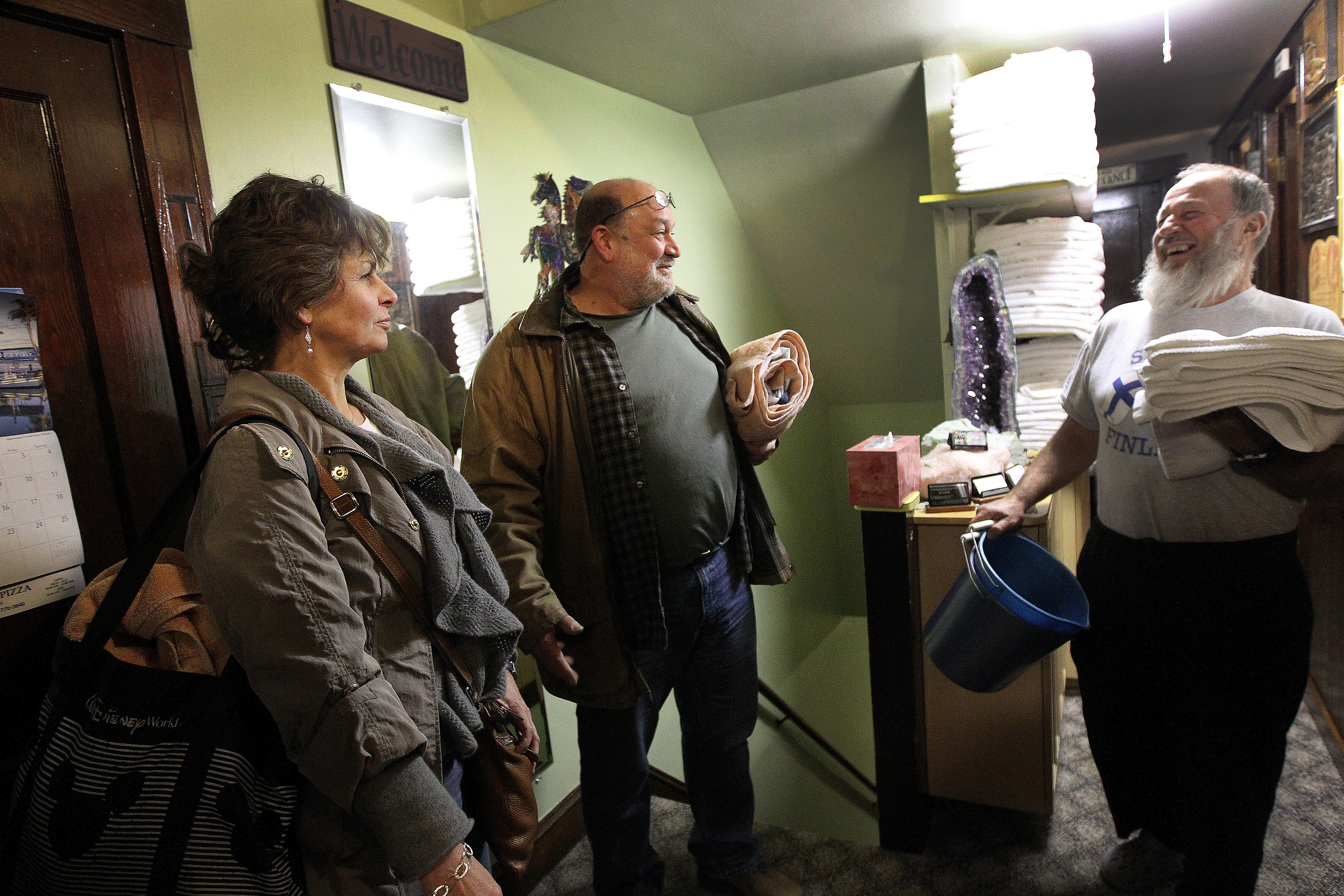 Longtime “steamers’’ Karen and Jim Mullaney of Milton chatted with Pakkala. Jim Mullaney said he started coming to the Copeland Street Finnish baths in 1974.