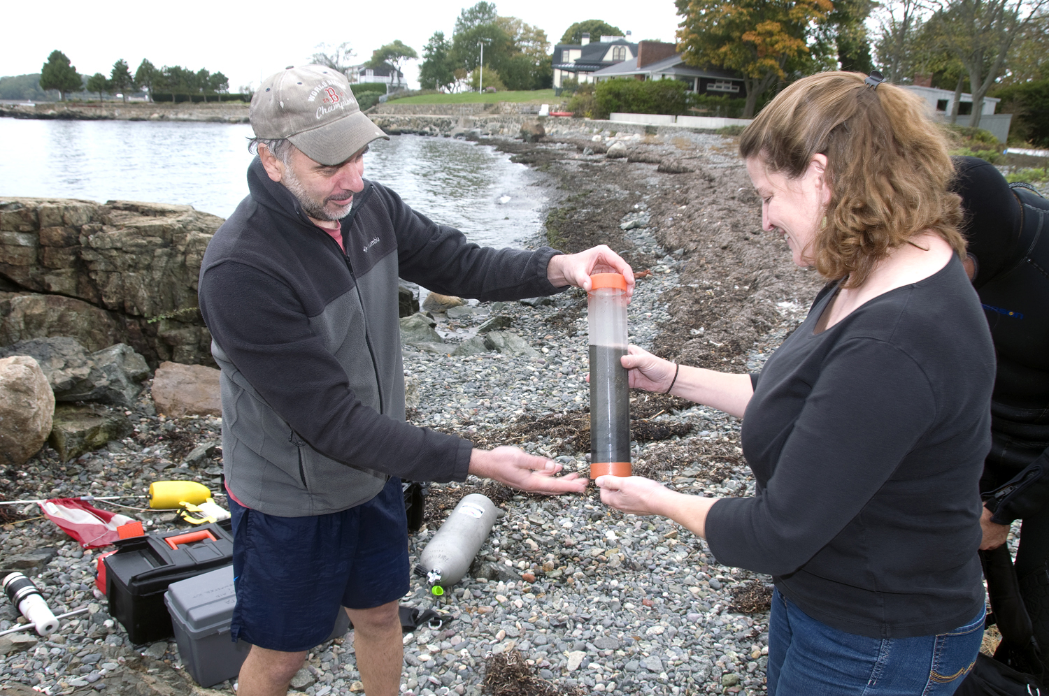 Phil Colarusso, EPA sea grass research diver, and Juliet Simpson, a marine ecologist from MIT’s Sea Grant program, took samples mud samples.