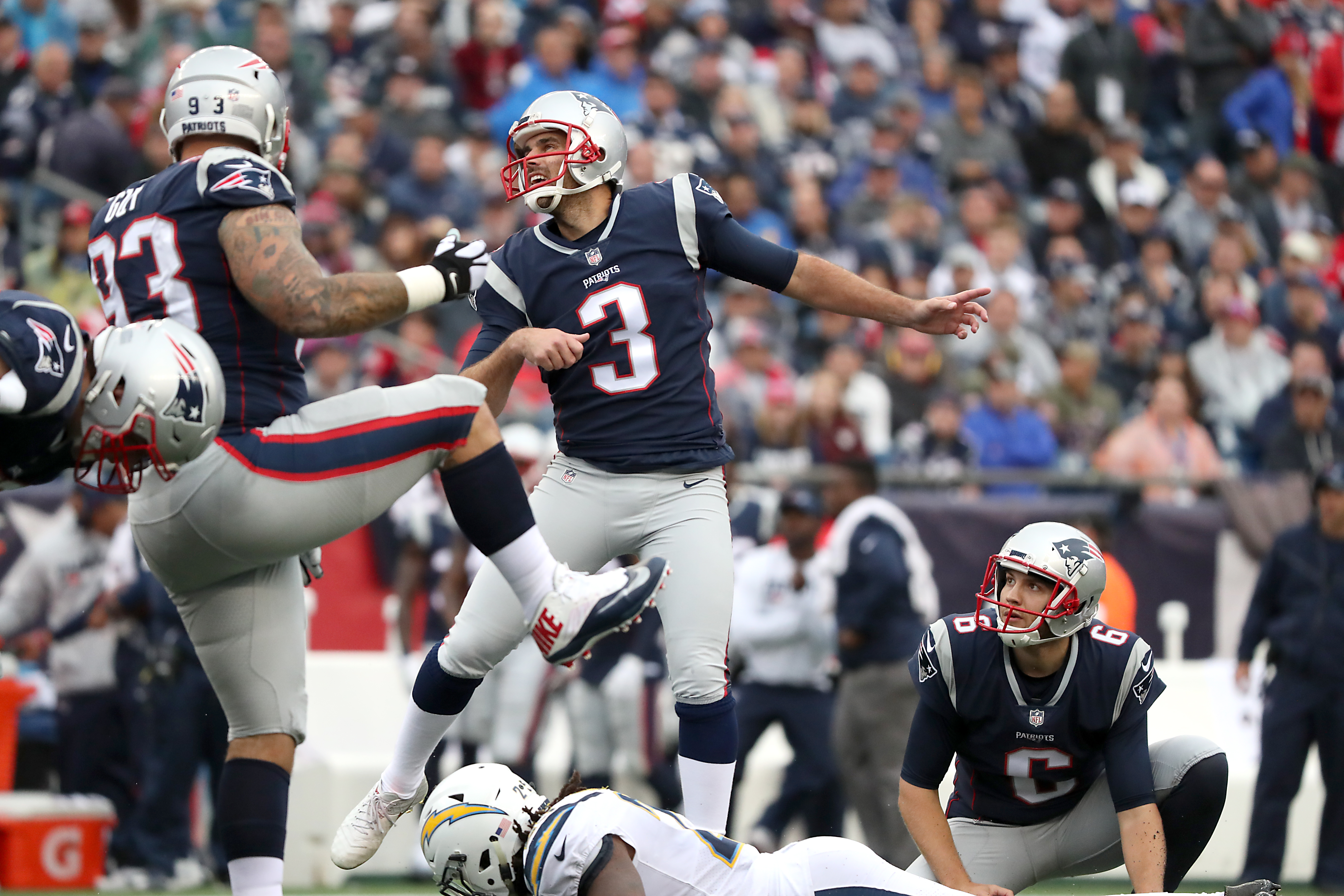 Stephen Gostkowski made four field goals but he missed from 43 twice, this one in the third quarter.