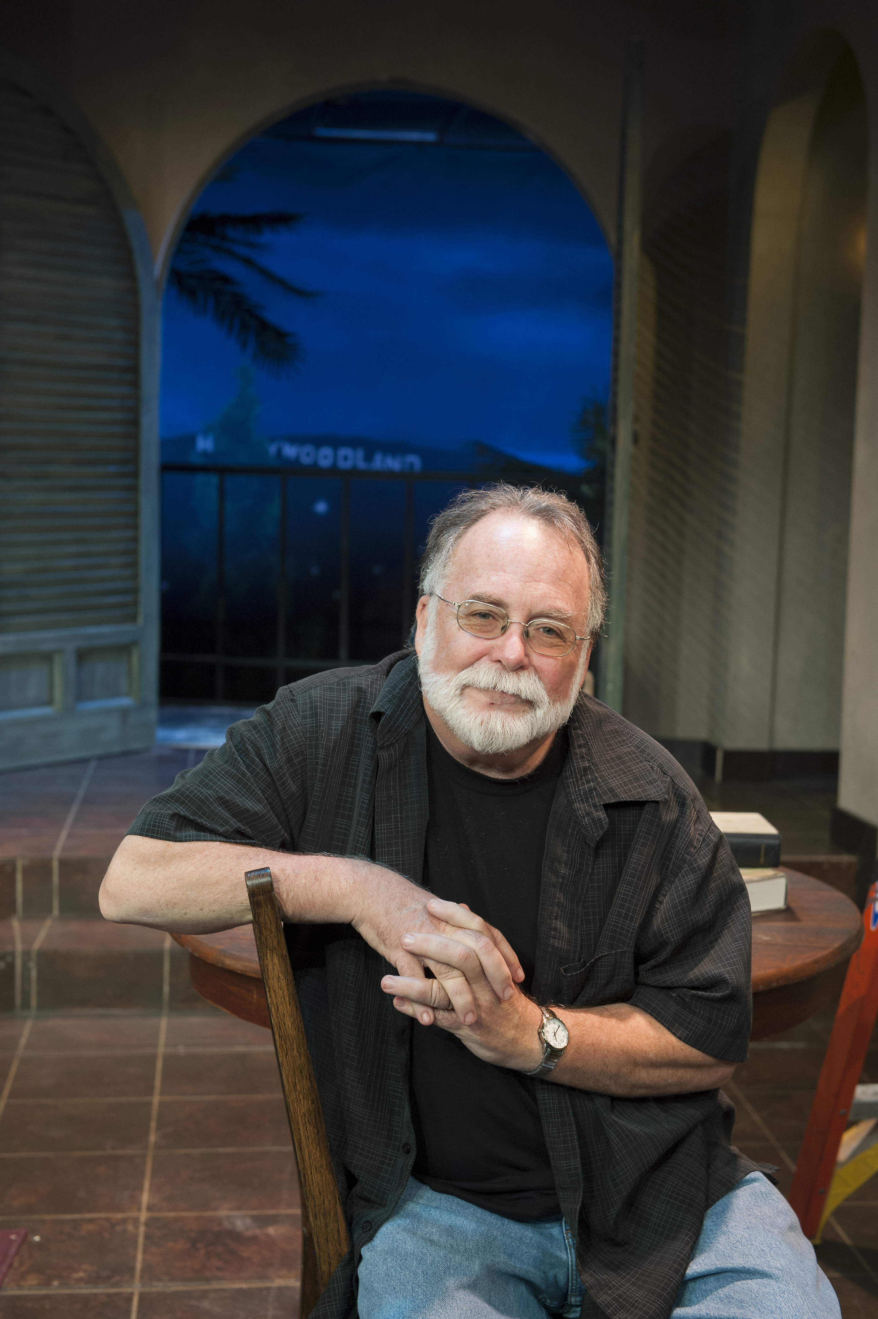 Playwright and director Mark St. Germain on the set of “Scott and Hem in the Garden of Allah” at Barrington Stage Company, where he has debuted seven plays.