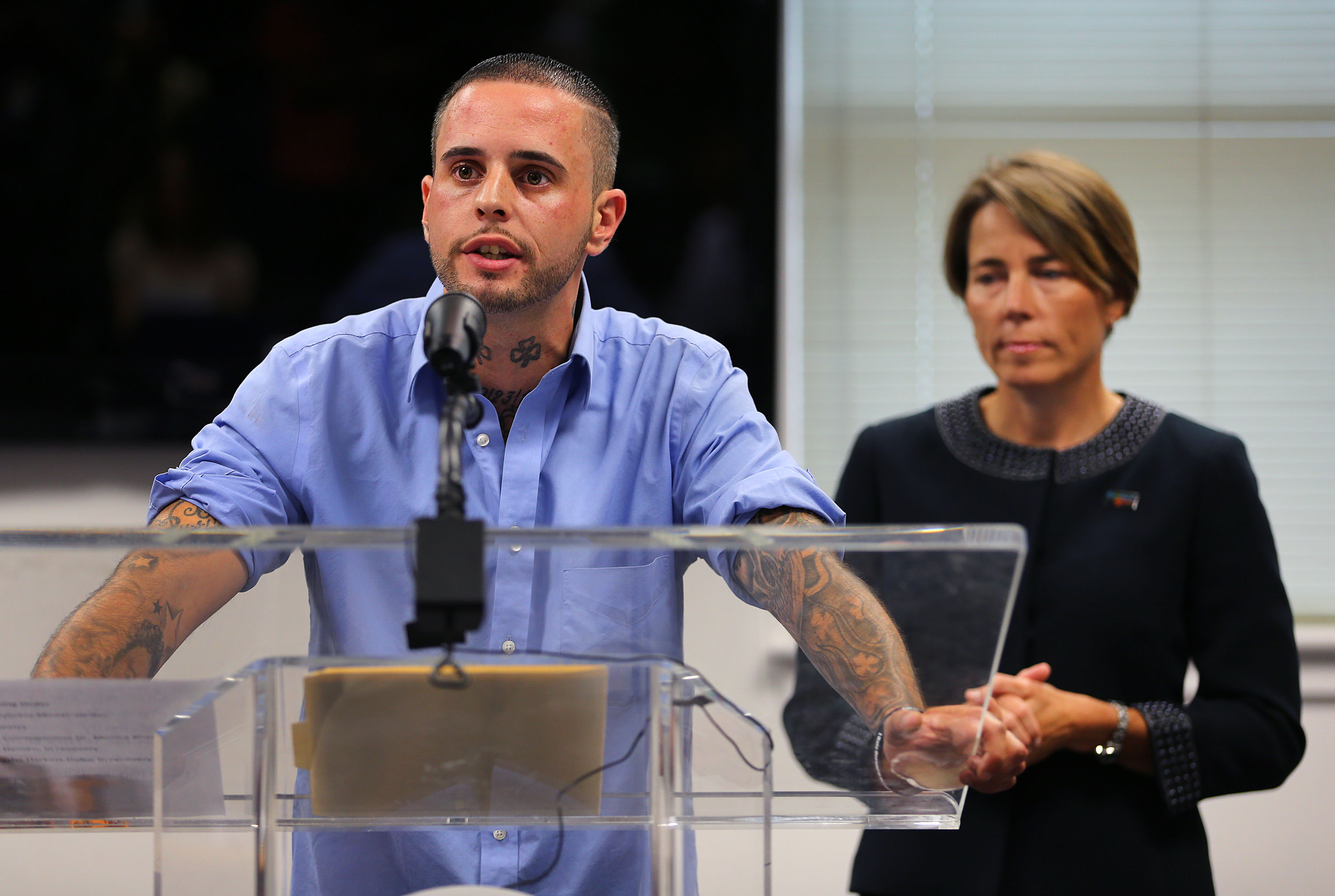 Former opioid addict Rob Demeo told his story Thursday as Healey looked on.