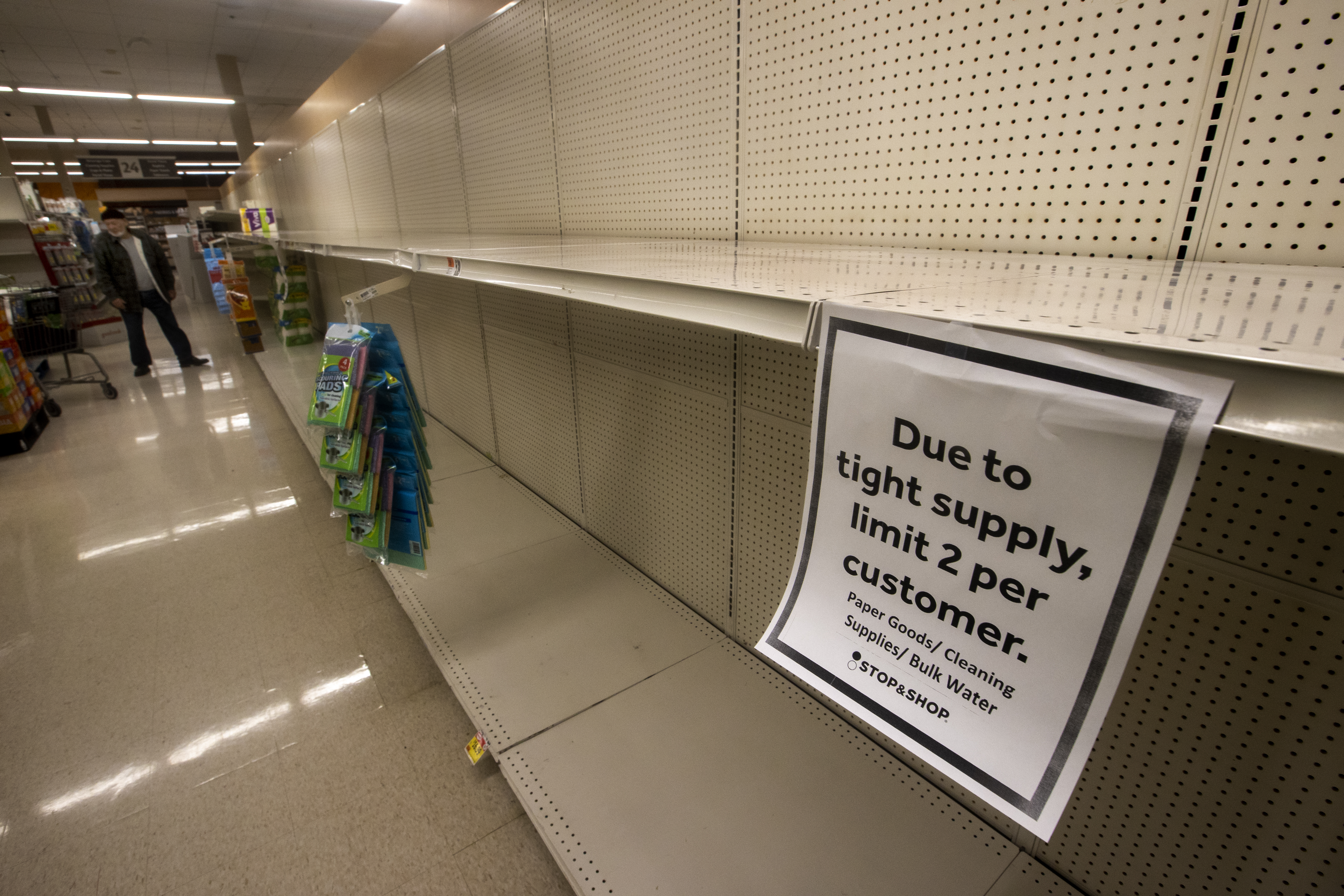 Empty shelves where the toilet paper should be at the Stop and Shop on Newport Ave. in Quincy.