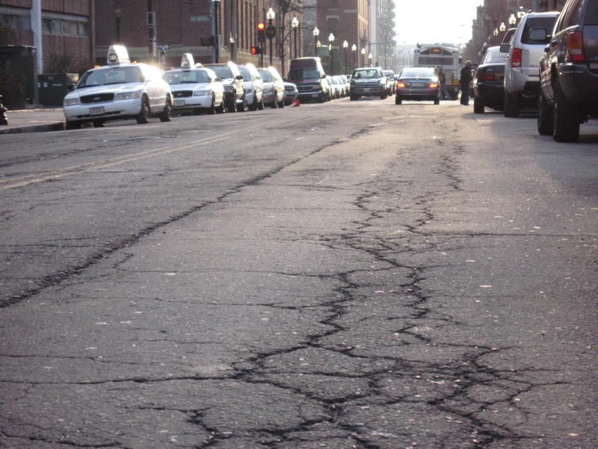 Harrison Avenue in the South End is in poor shape. It is cracked, crevassed, and noticeably uneven.