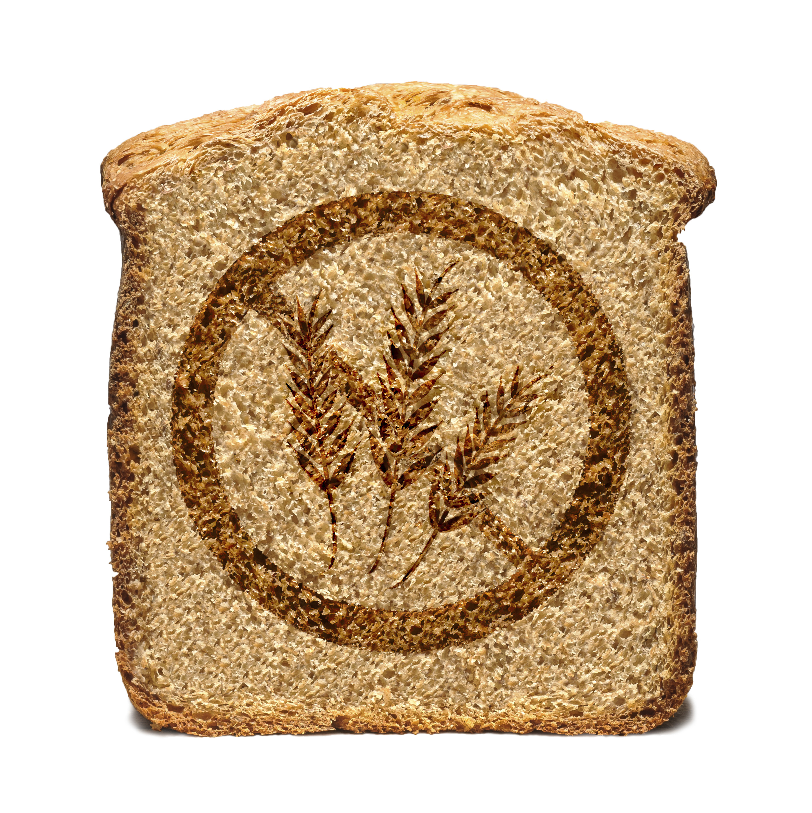 A slice of bread marked with gluten-free stamp.