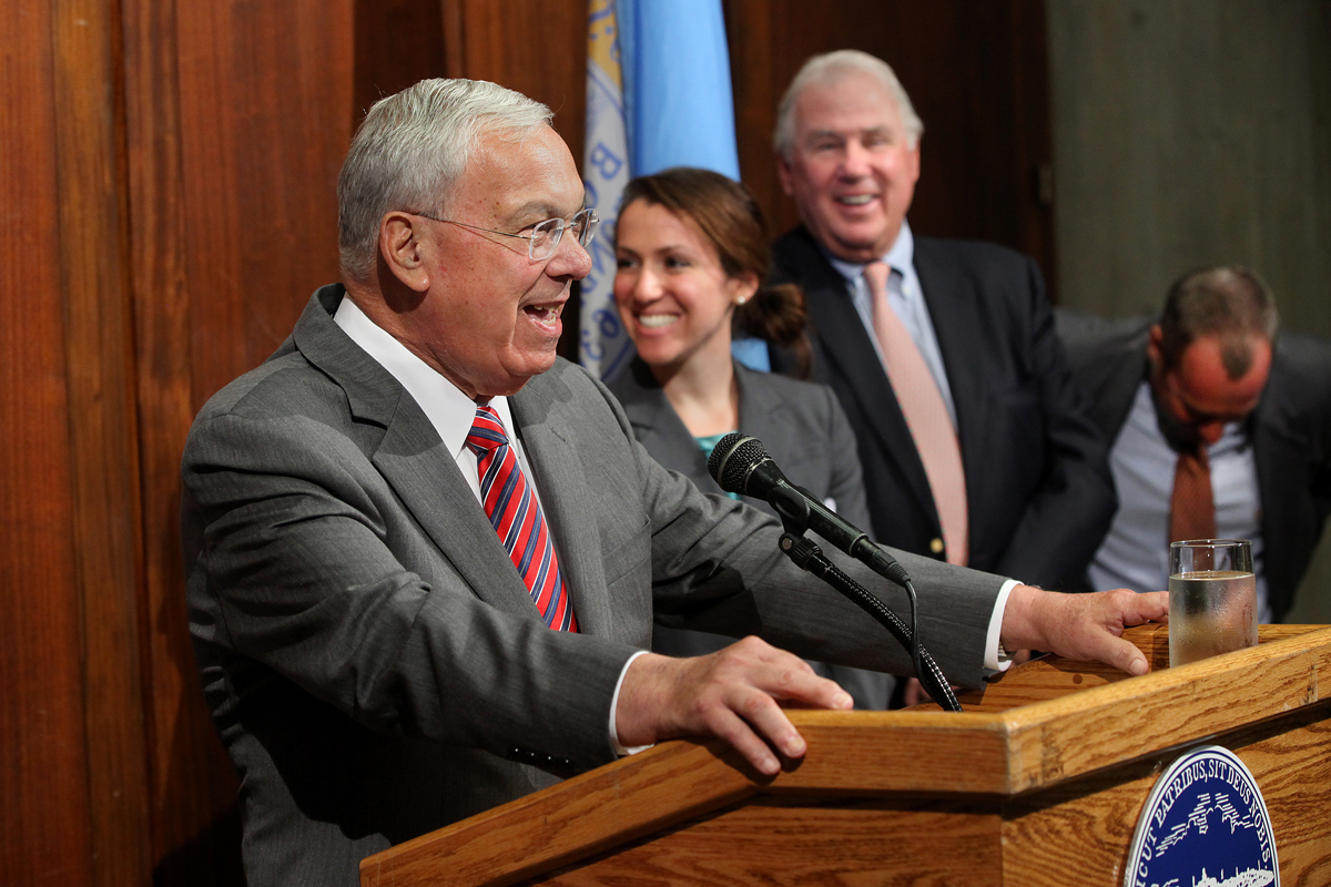 “It sounds like a lot. It is. It is also backed up by a strong financial protection and stiff penalties,” said Mayor Thomas Menino, detailing the city’s host community agreement with the Suffolk Downs casino developers.