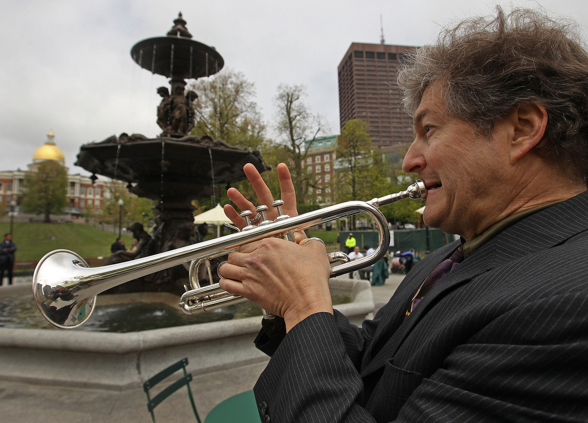 Dana Oakes played at the reopening Wednesday. The Friends of the Public Garden raised money for the plaza restoration.