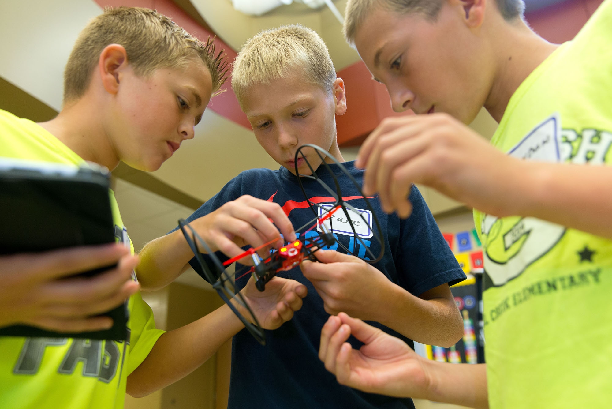 Pupils took a moment to make some minor repairs after their drone tumbled to the floor.