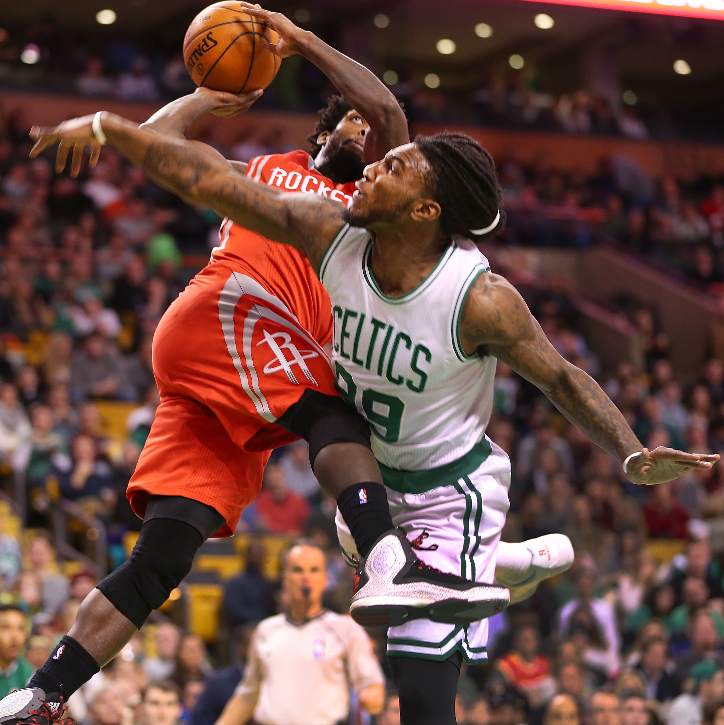 Jae Crowder went all-out in his attempt to deny Rockets guard Patrick Beverley in the third quarter.