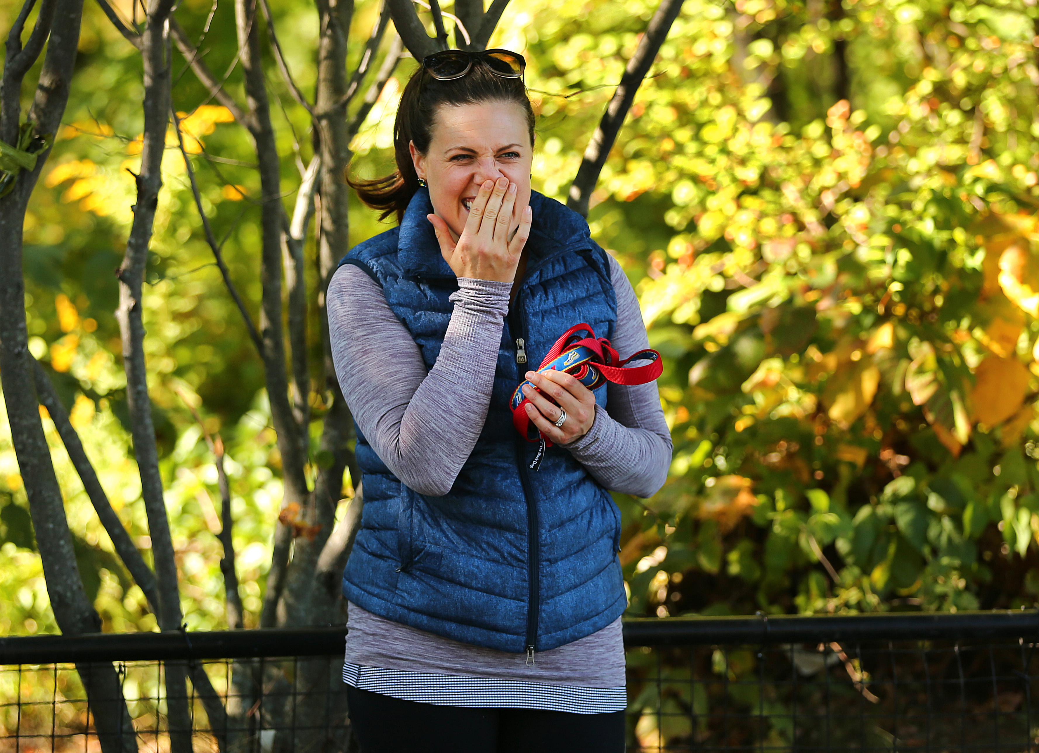 Jess Kensky laughed while on her 2-mile walk.