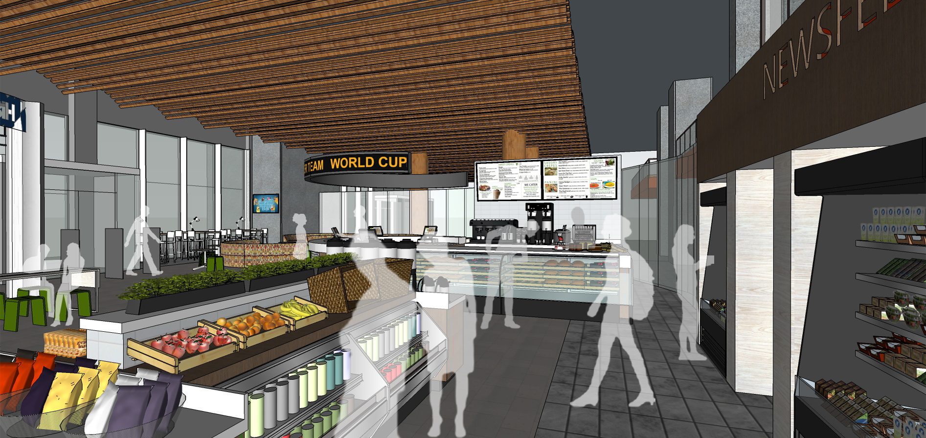 An early rendering of the Newsfeed Café at the Boston Public Library.