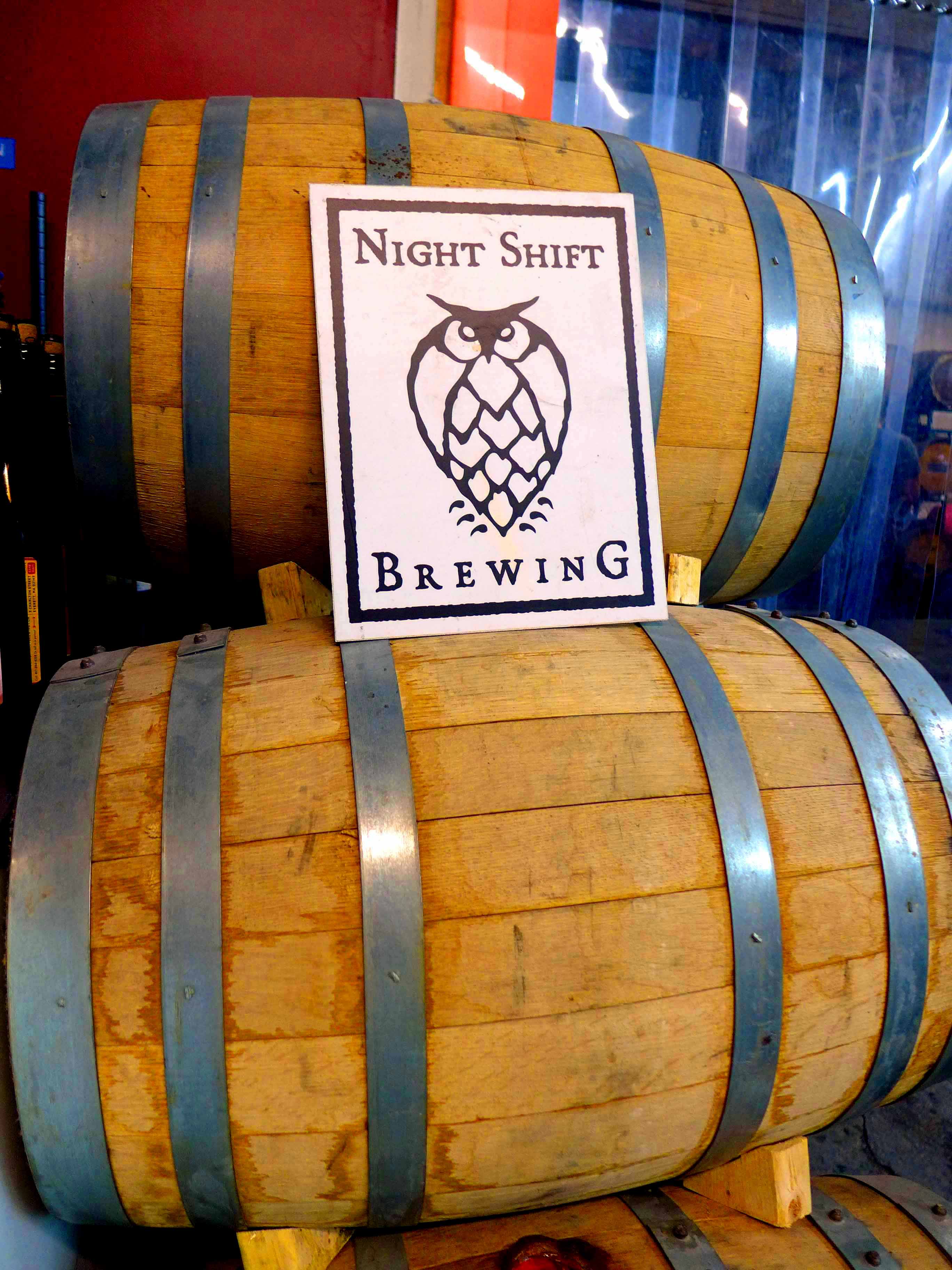 Signs and barrels marked the way to Night Shift Brewing in Everett.