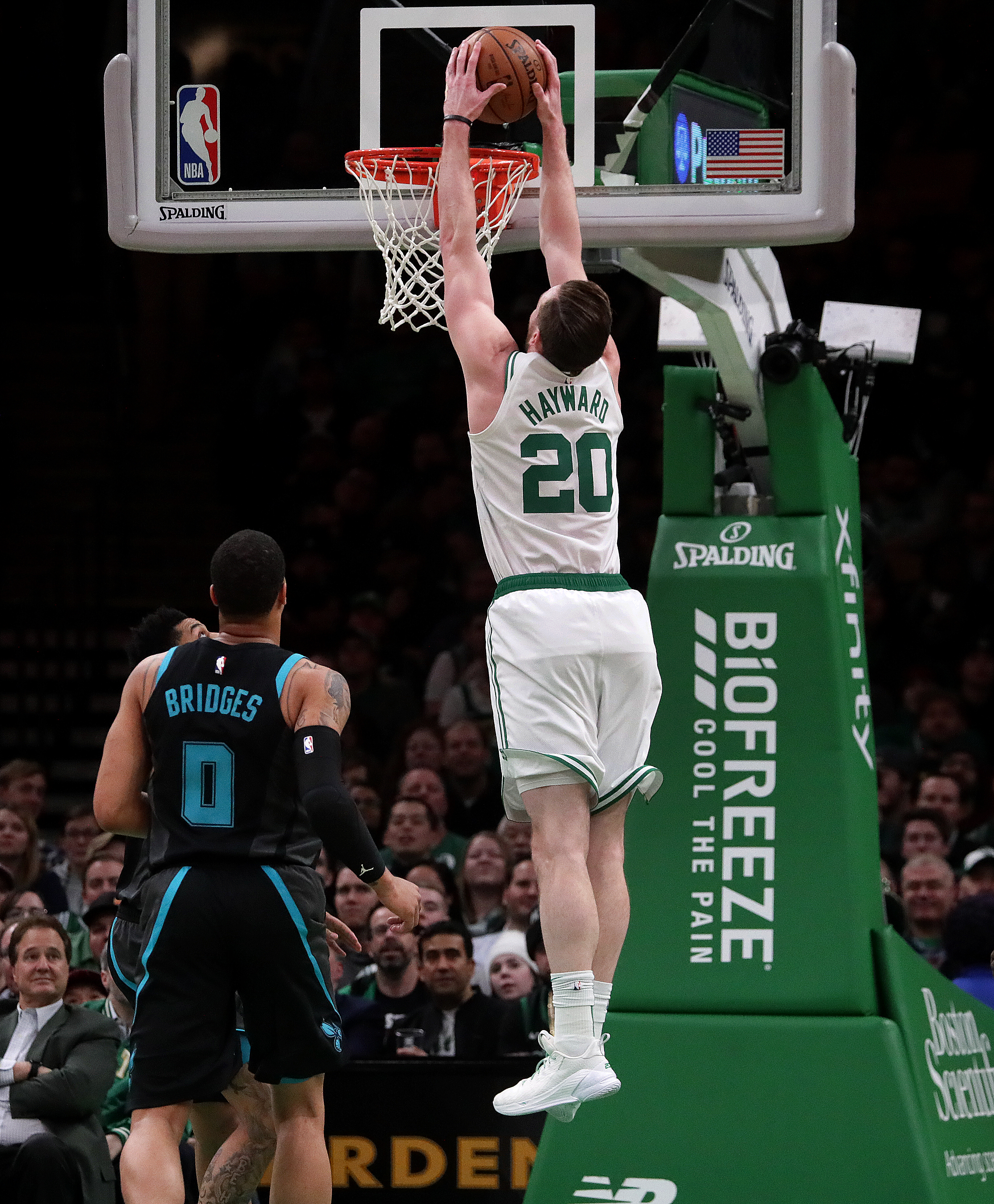 The Celtics’ Gordon Hayward dunks for 2 of his 12 points.