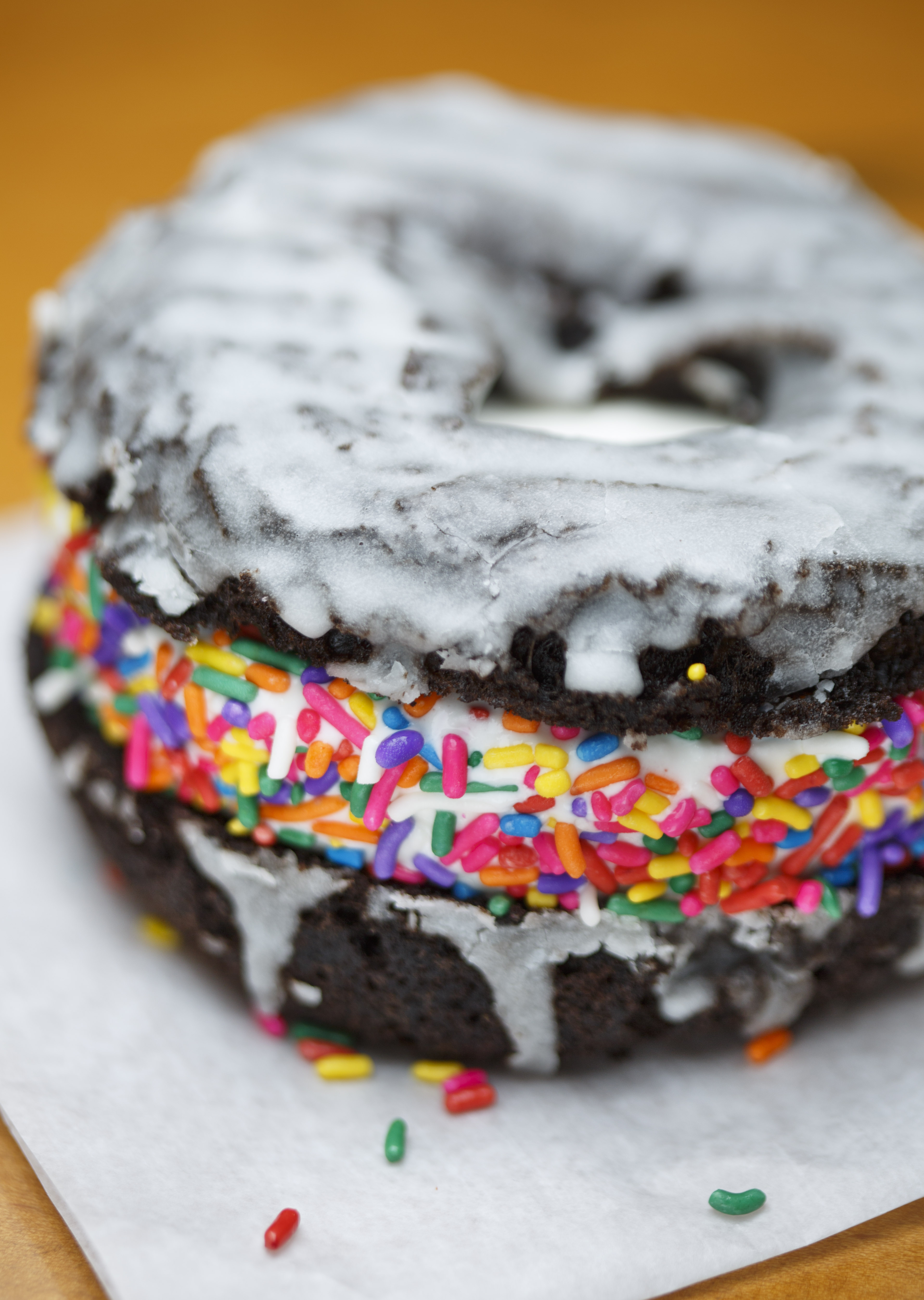 An ice cream sandwich doughnut at Blackbird Doughnuts.