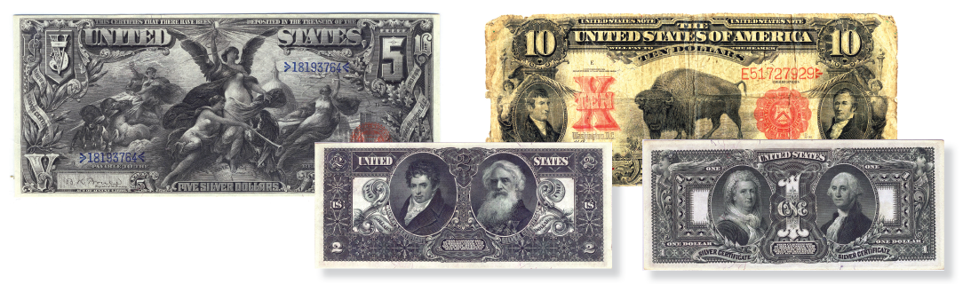 US paper money has included images of a goddess representing electricity, bison, Robert Fulton and Samuel Morse, and first lady Martha Washington.