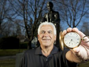 Paul Mellen, standing near the Lincoln statue in Hingham, said he is obsessed by his discovery.