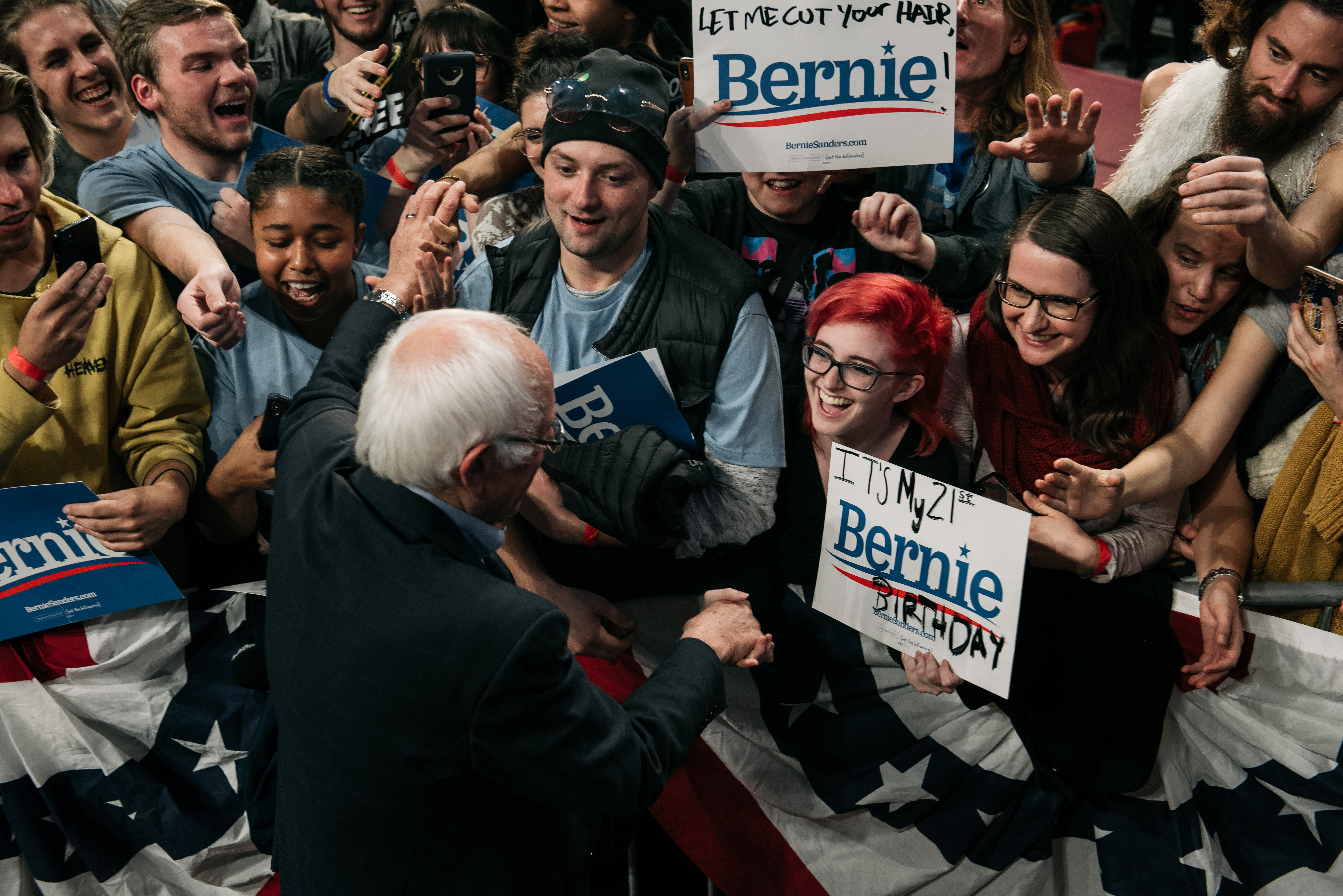 Supporters of Democratic presidential candidate Sen. Bernie Sanders (I-VT) shook hands with the candidate at a rally at the University of Minnesotas Williams Arena last month in Minneapolis, Minnesota. 