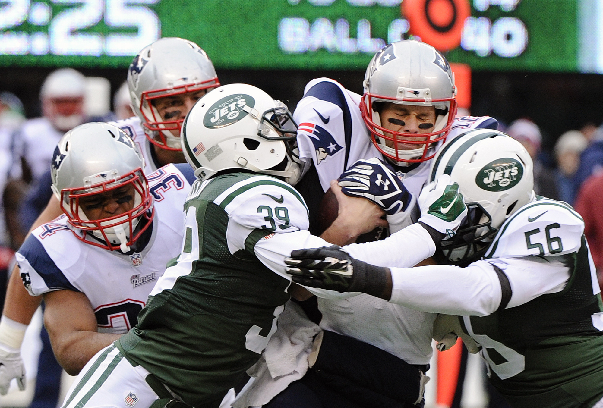 Tom Brady was sacked four times Sunday.