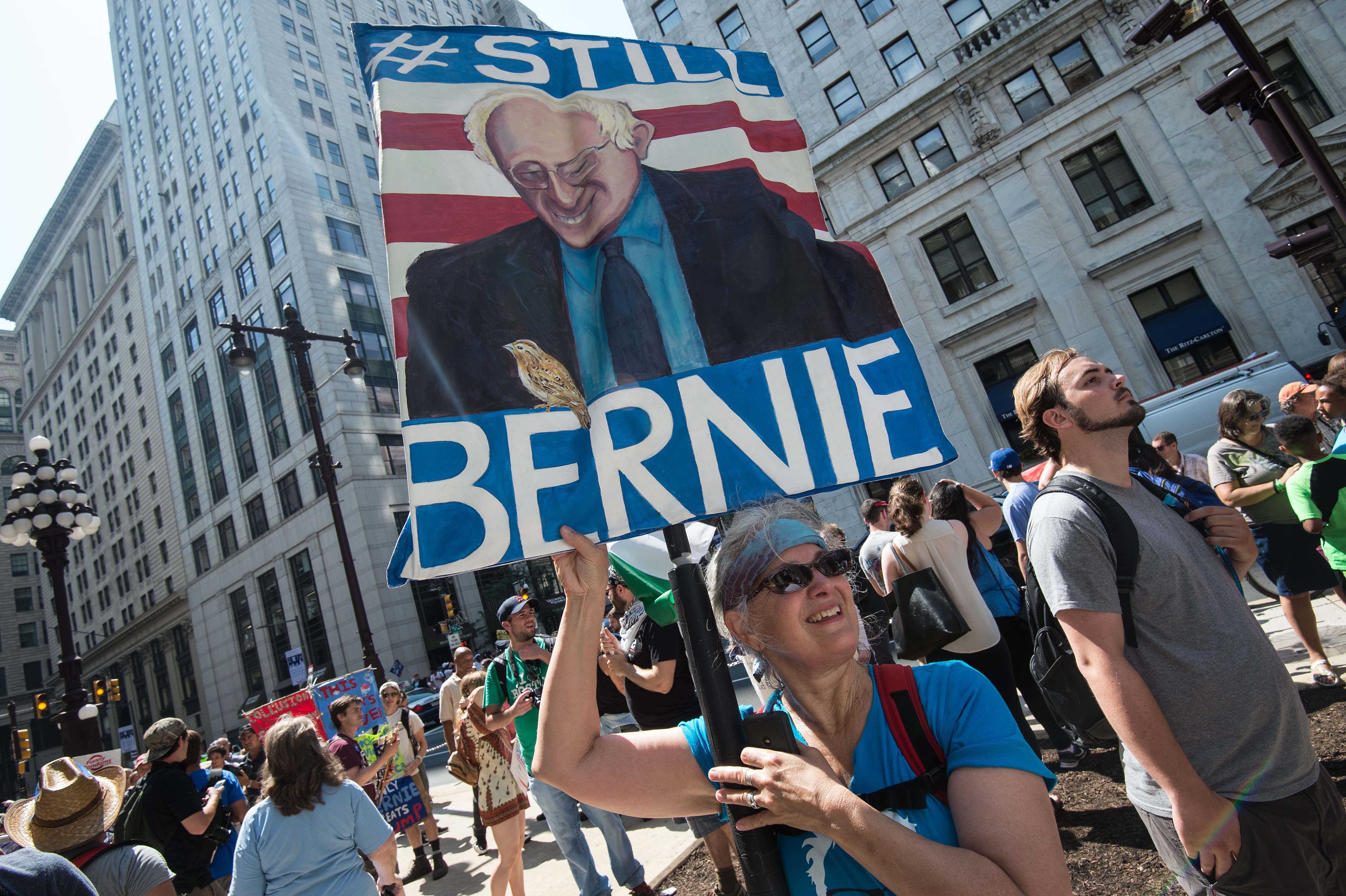 One protester in Philadelphia declared herself “Still Bernie.”