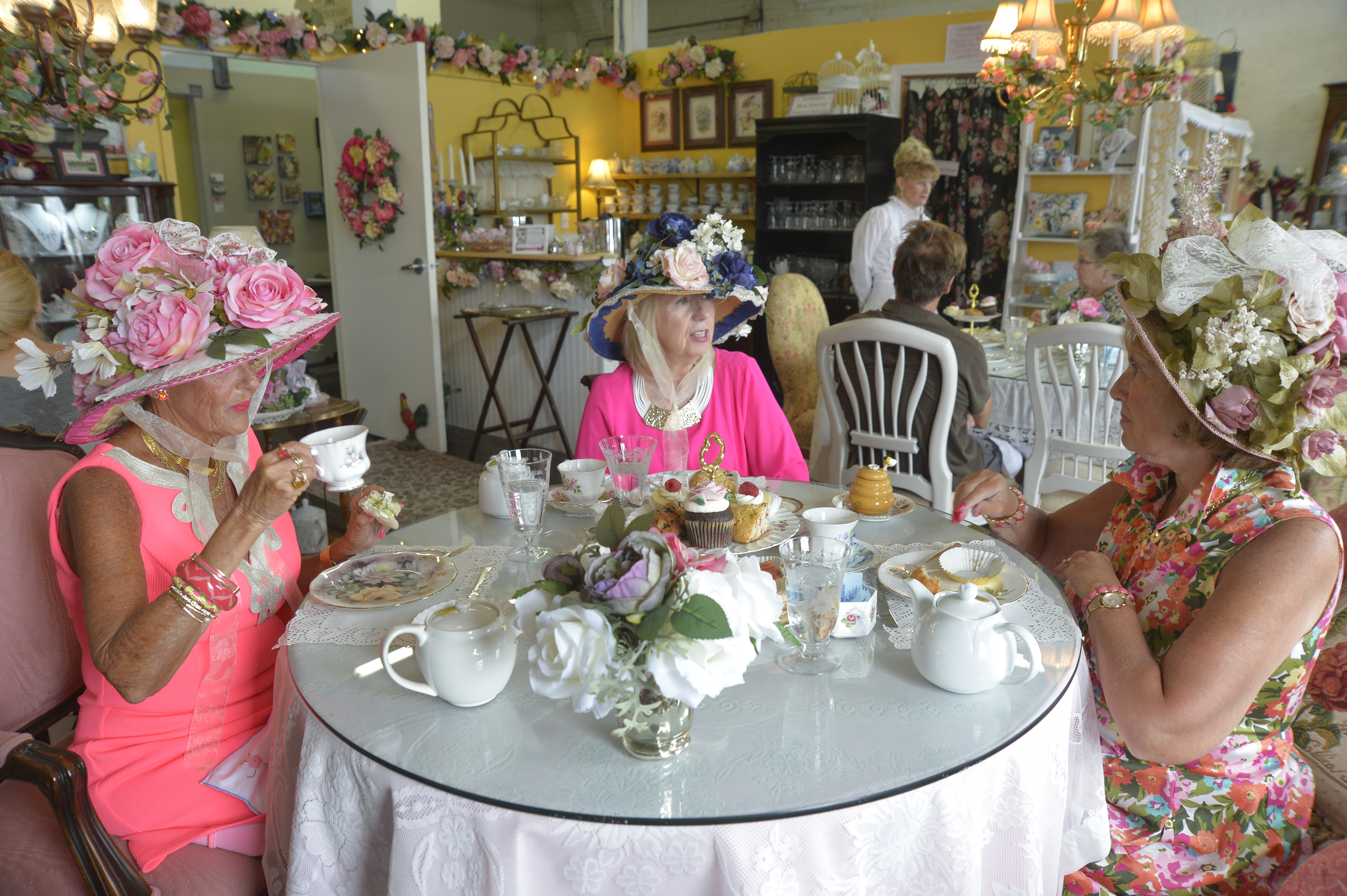 From left, Karen Ware of Lowell, Donna Sullivan of North Andover, and Mary Francis Chisholm of Tyngsborough enjoy an early afternoon respite at Suzanne's Victorian Tea Room & Shoppe in Lowell.