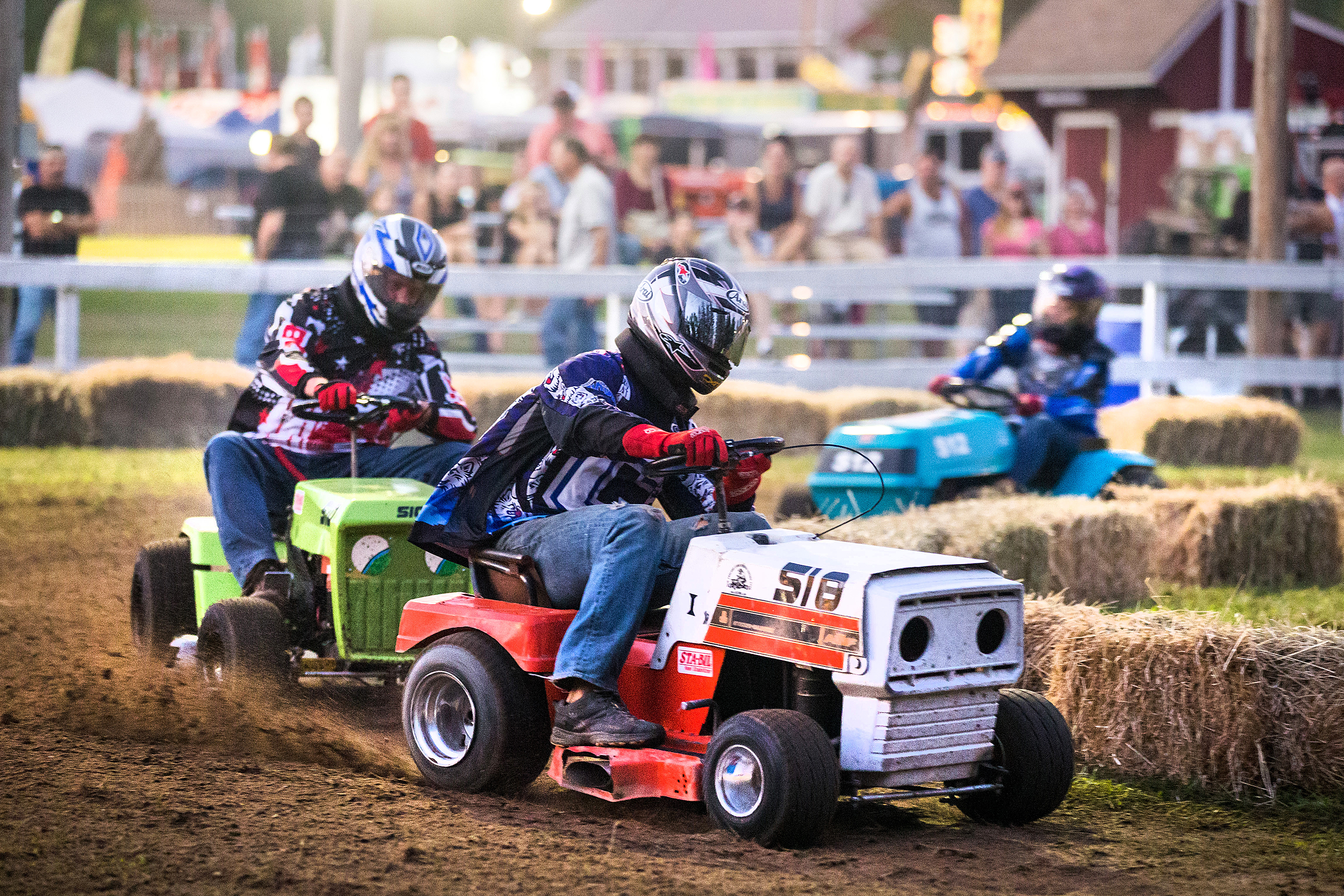 A lawn mower race at the Brooklyn Fair.