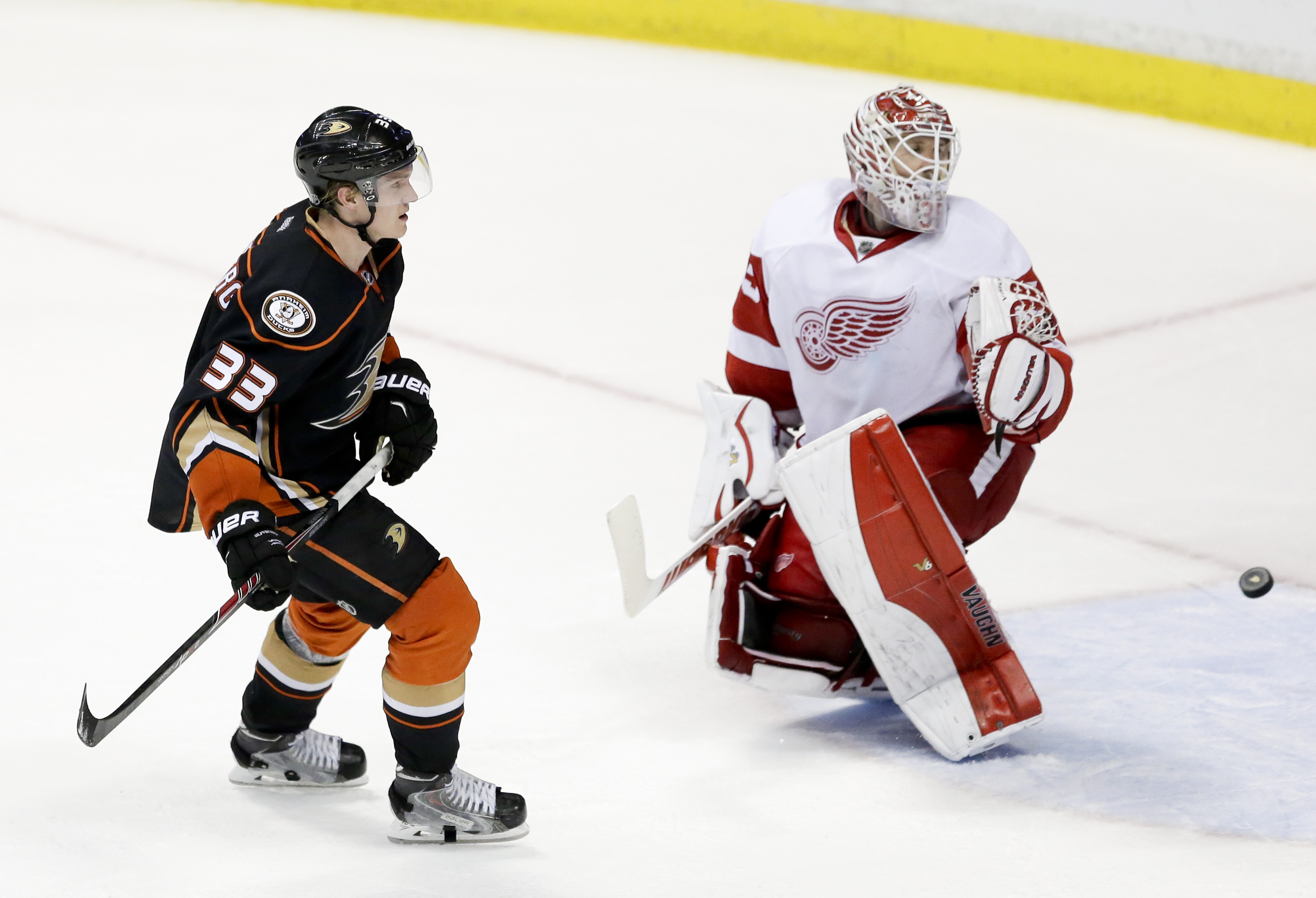 Ducks right wing Jakob Silfverberg has nine shootout goals this season, including this one against Red Wings goalie Jimmy Howard.