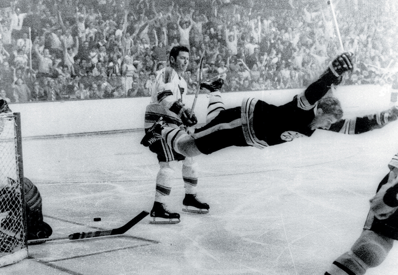 The Bruins’ Bobby Orr went airborne after scoring the winning goal that won the Stanley Cup against the St. Louis Blues May 10, 1970, at Boston Garden.