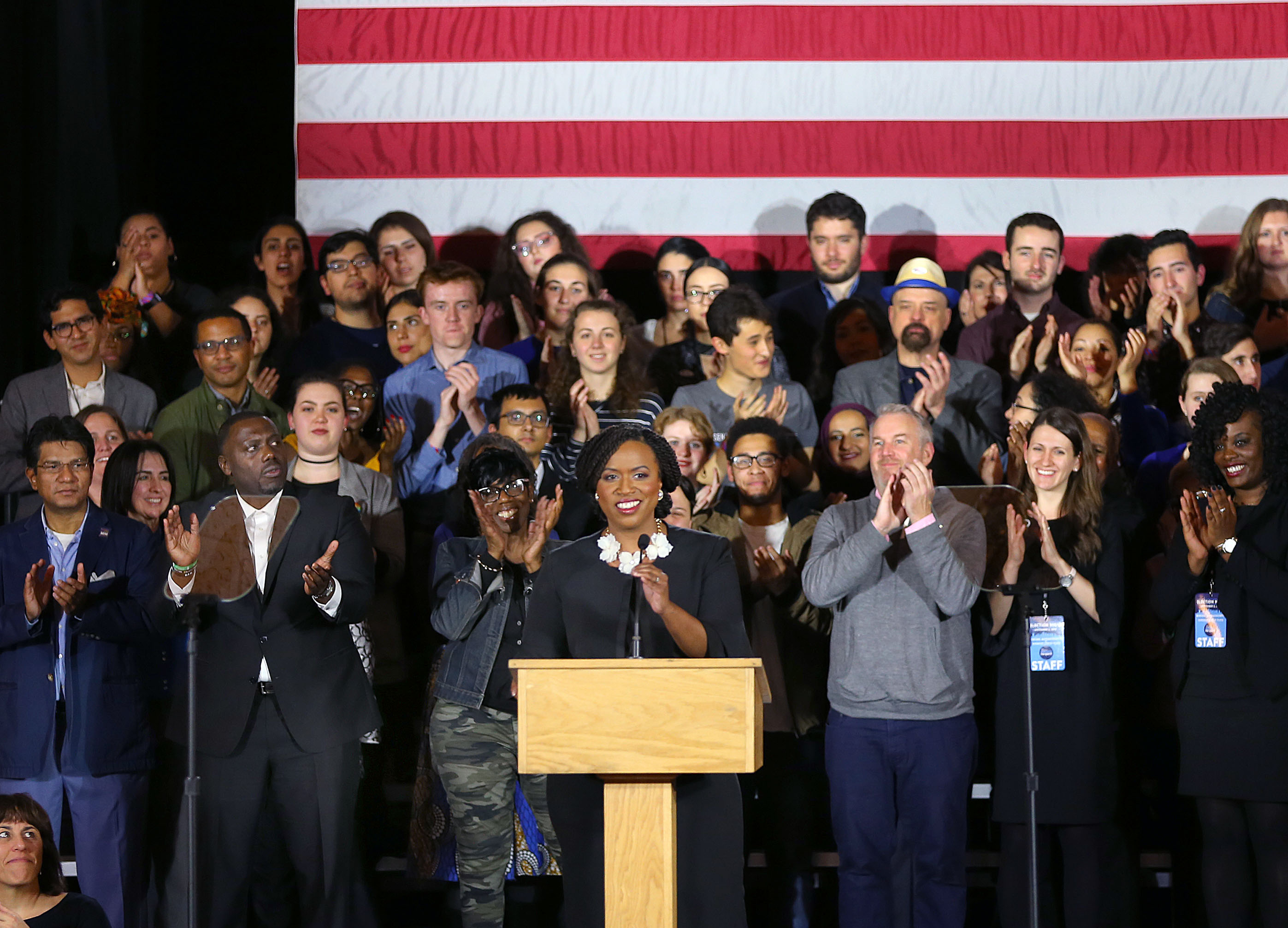 Ayanna Pressley celebrates her win in November.