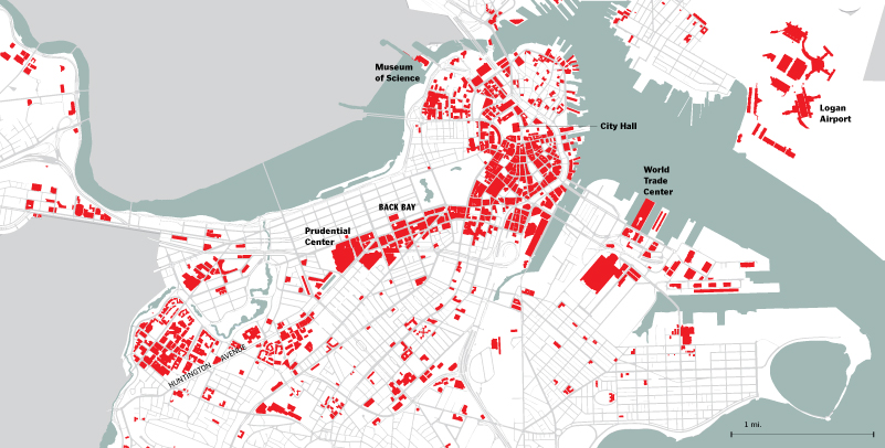 A map compiled by researchers Matthew Eckelman and Mithun Saha shows where concrete buildings stand in Boston — heavily concentrated downtown and in the “tall spine” of the Back Bay and Huntington Avenue. The map depicts reinforced concrete buildings or those with exposed concrete elements, as recorded by the Boston Redevelopment Authority, MassGIS, and the Boston GIS Data Hub. Some public buildings may not be depicted