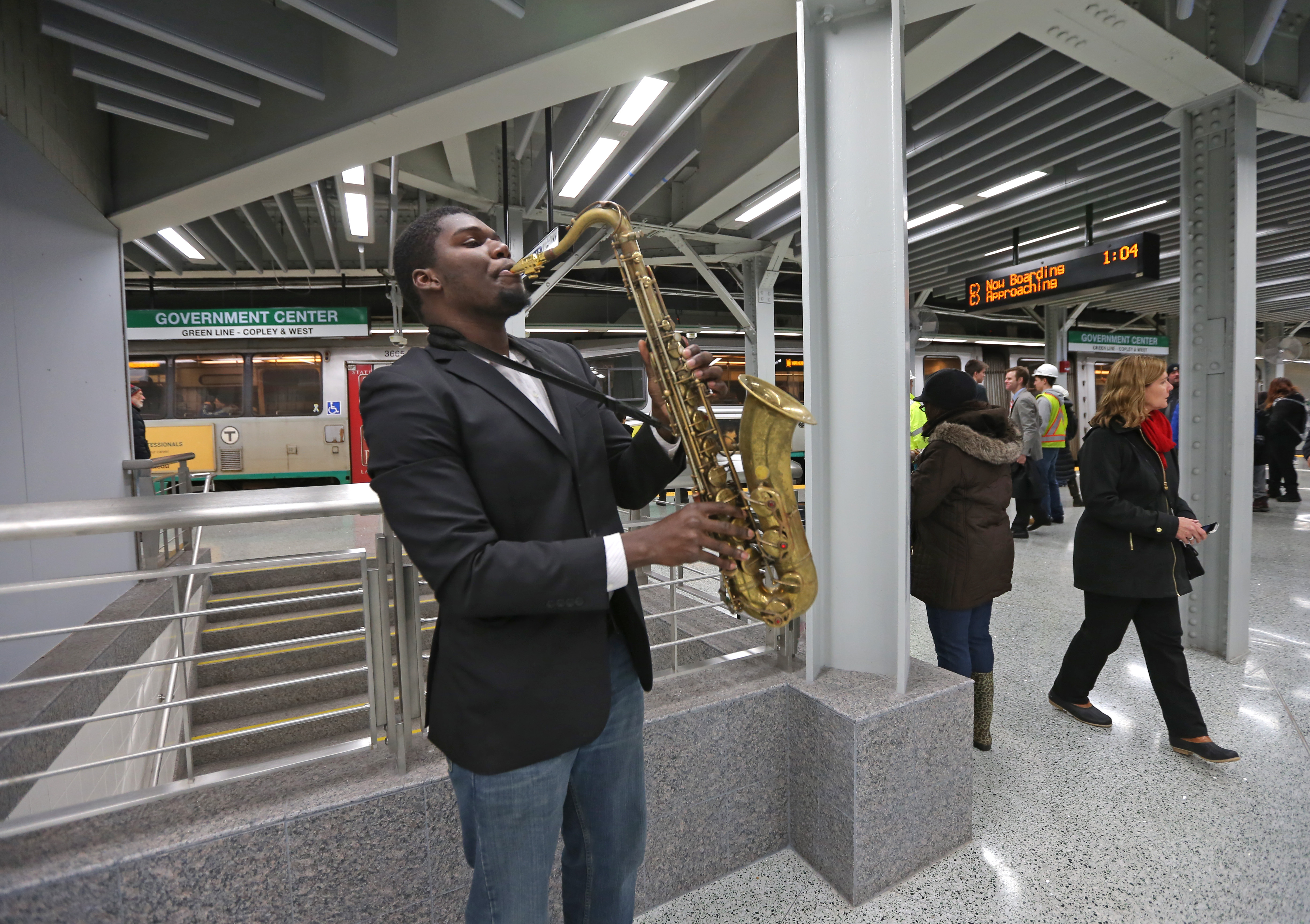 Jonte Samuel, of Malden, played his tenor saxophone inside the Government Center MBTA station.